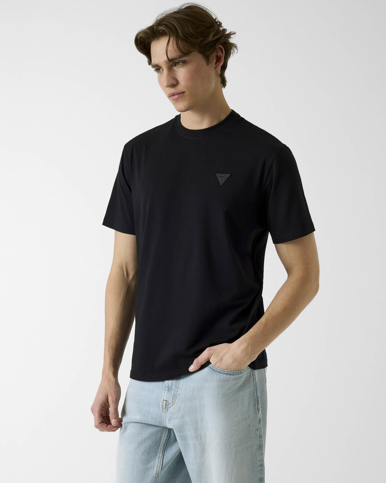 T-shirt mezza manica nera in misto cotone e modal stretch