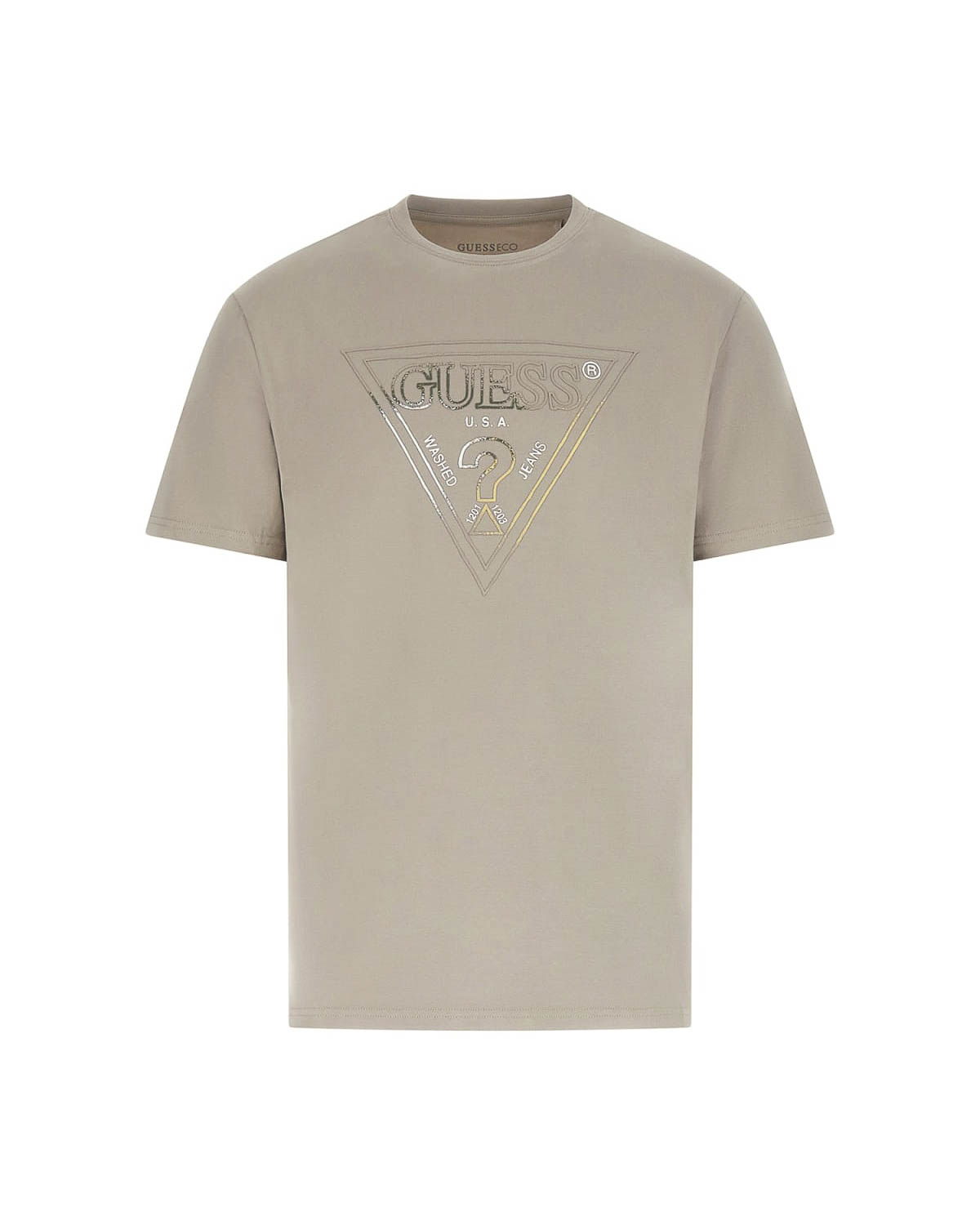 T-shirt mezza manica sabbia in cotone stretch con stampa logo triangolare