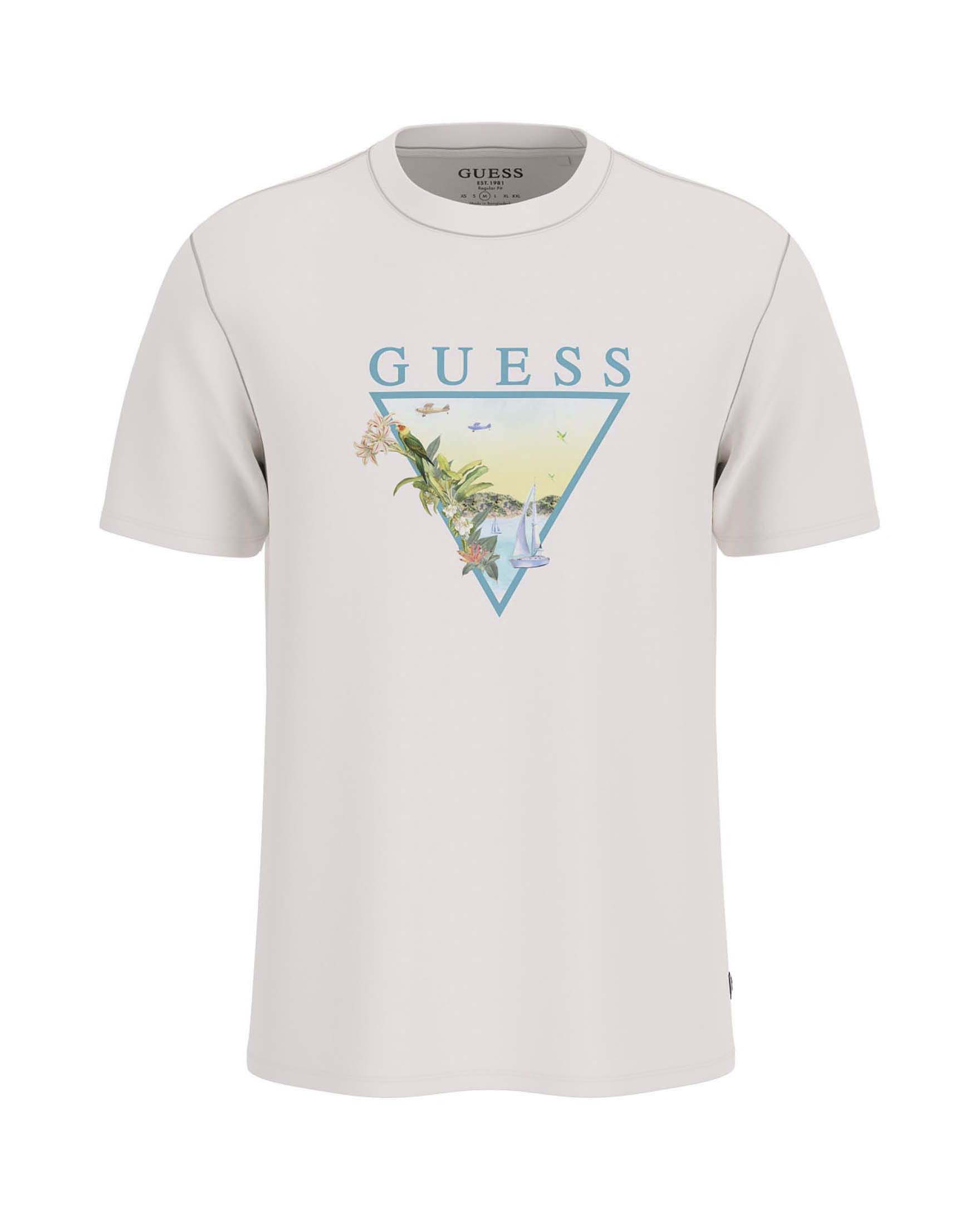 T-shirt mezza manica panna in cotone con stampa logo a triangolo