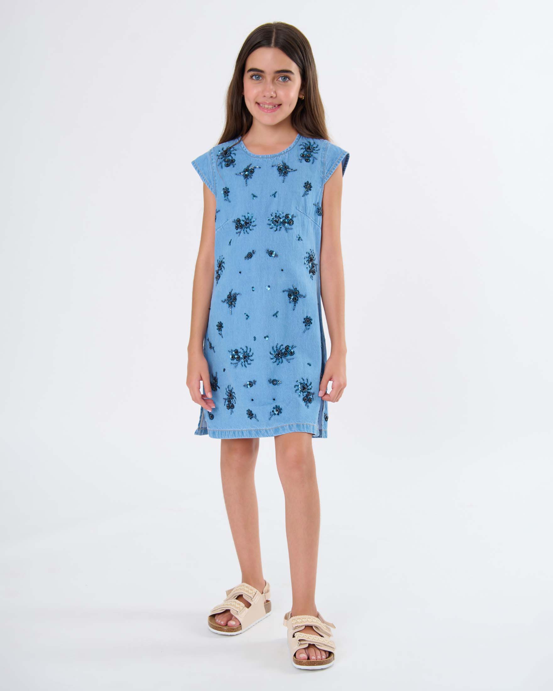 Abito in tessuto denim chambray Manila Grace con perline nere