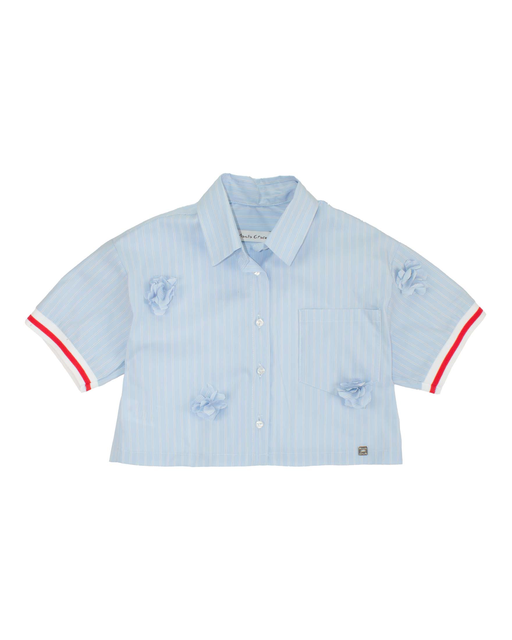 Camicia cropped Manila Grace azzurra con applicazioni floreali