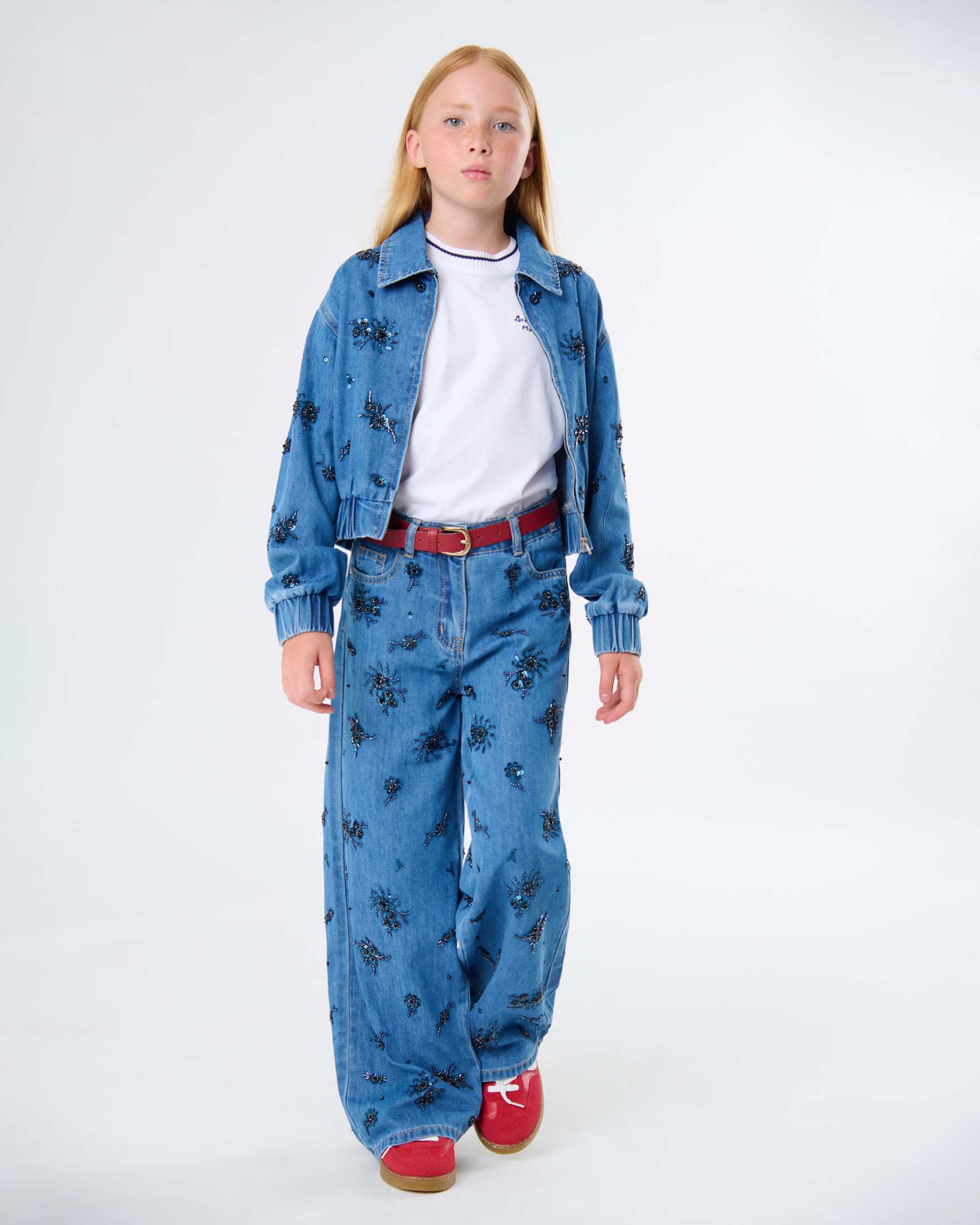 Pantalone palazzo Manila Grace in chambray blu con ricami perline nere