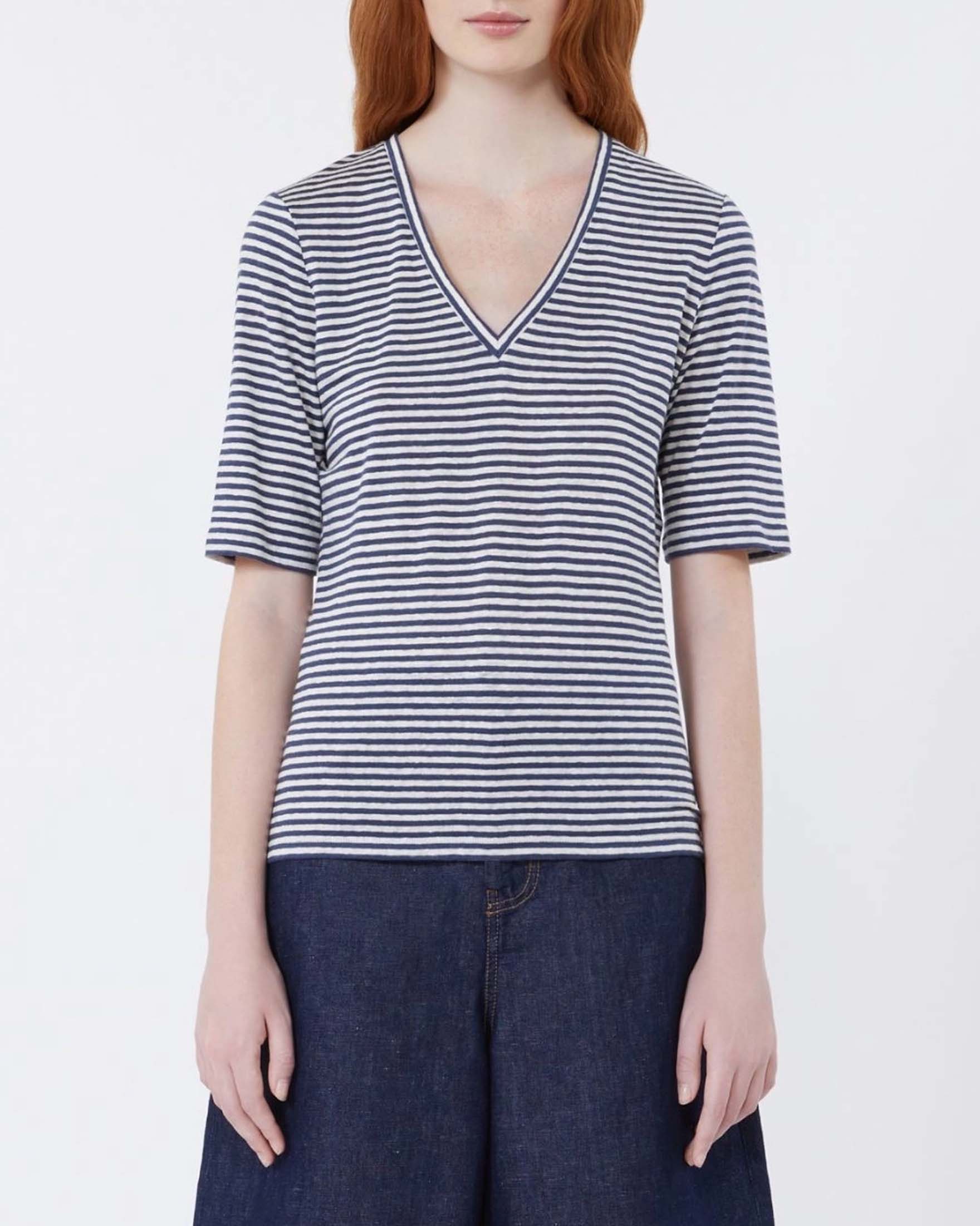 T-shirt maniche corte Weekend Max Mara in lino blu a righe bianche con scollo a V image