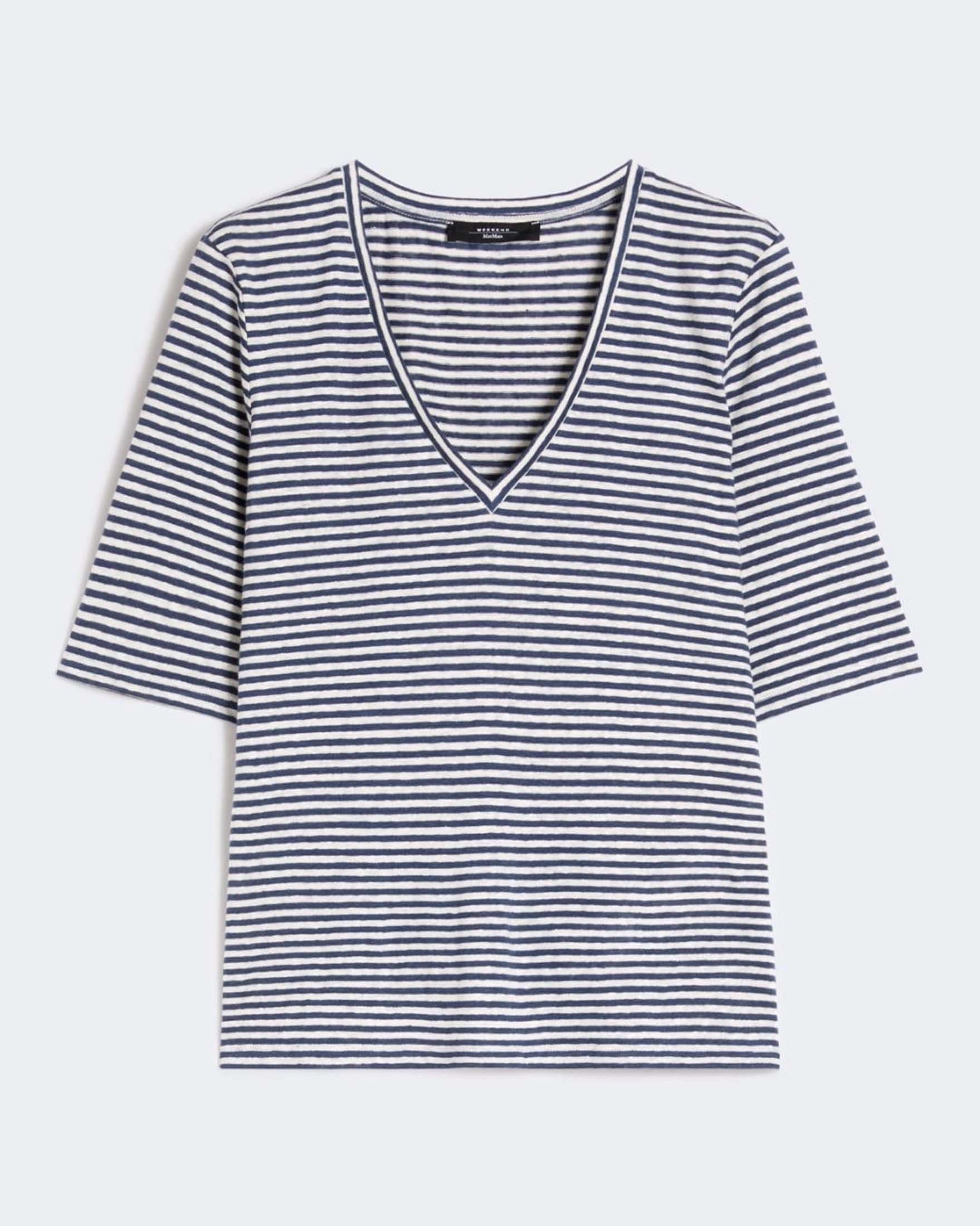 T-shirt maniche corte Weekend Max Mara in lino blu a righe bianche con scollo a V