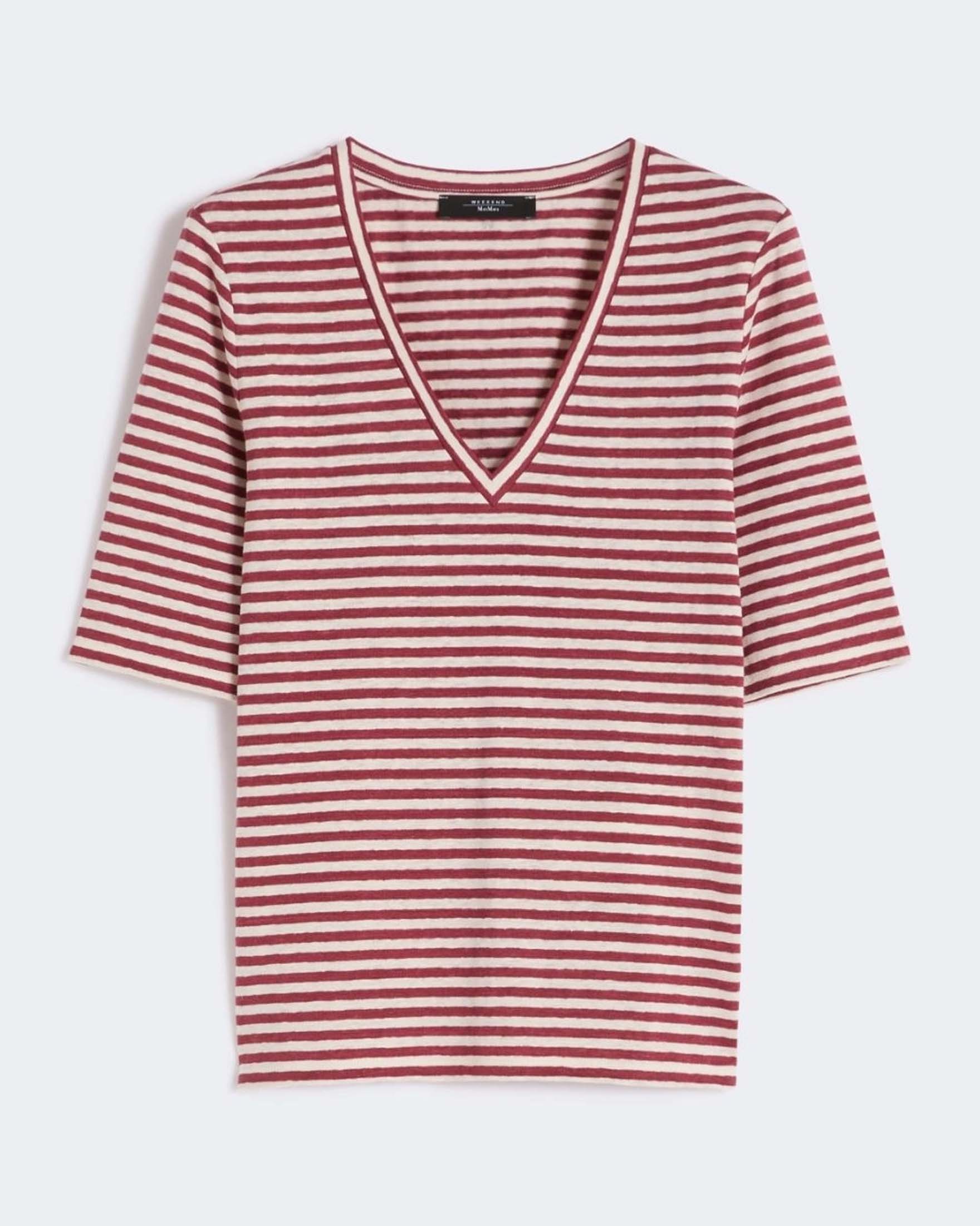 Weekend Max Mara — T-shirt maniche corte Weekend Max Mara in lino rubino a righe bianche con scollo a V