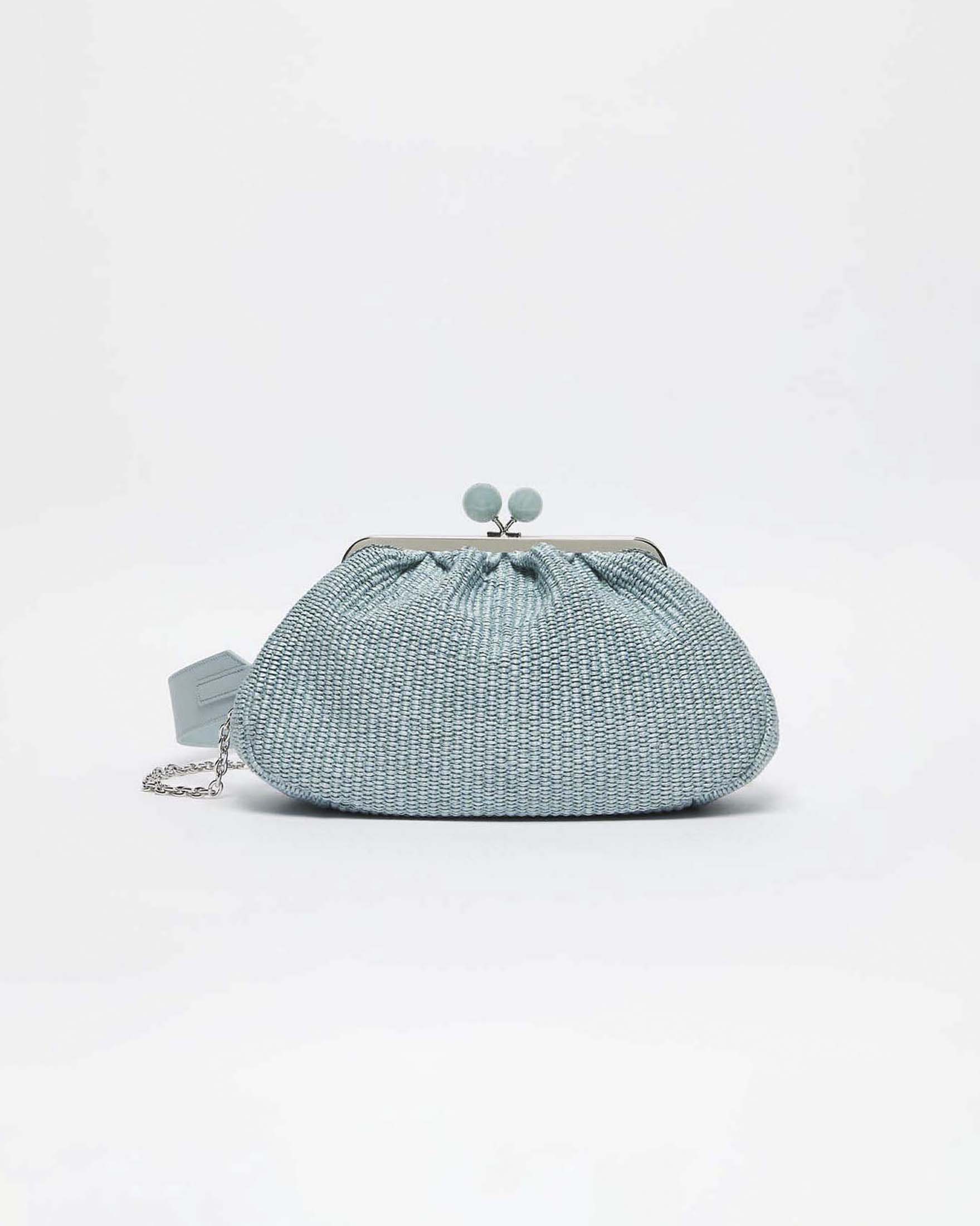 Pasticcino Bag Medium Weekend Max Mara color acqua in rafia con doppia tracolla removibile