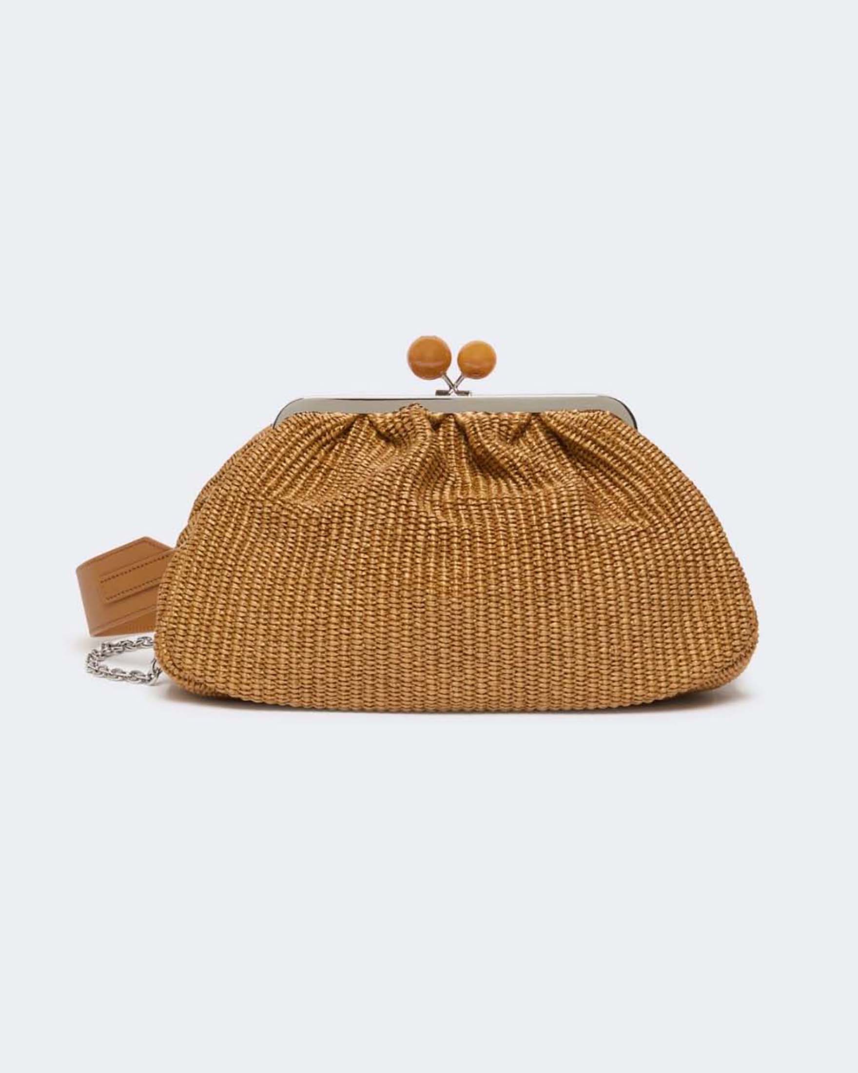 Pasticcino Bag Medium Weekend Max Mara color cuoio in rafia con doppia tracolla removibile