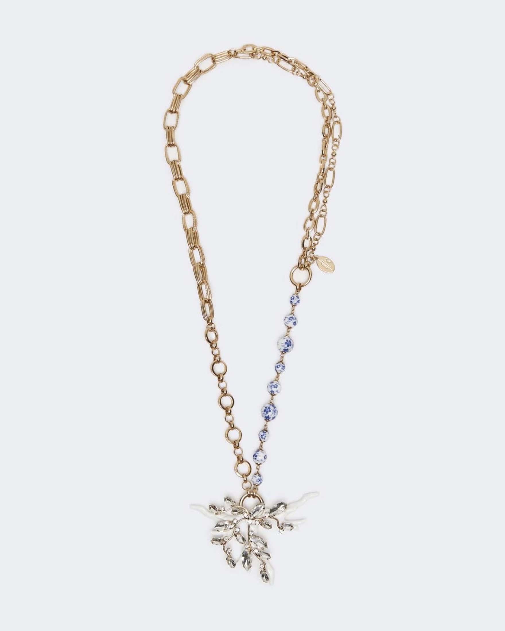 Collana lunga Weekend Max Mara a catena dorata con perline in ceramica e ciondolo corallo con strass