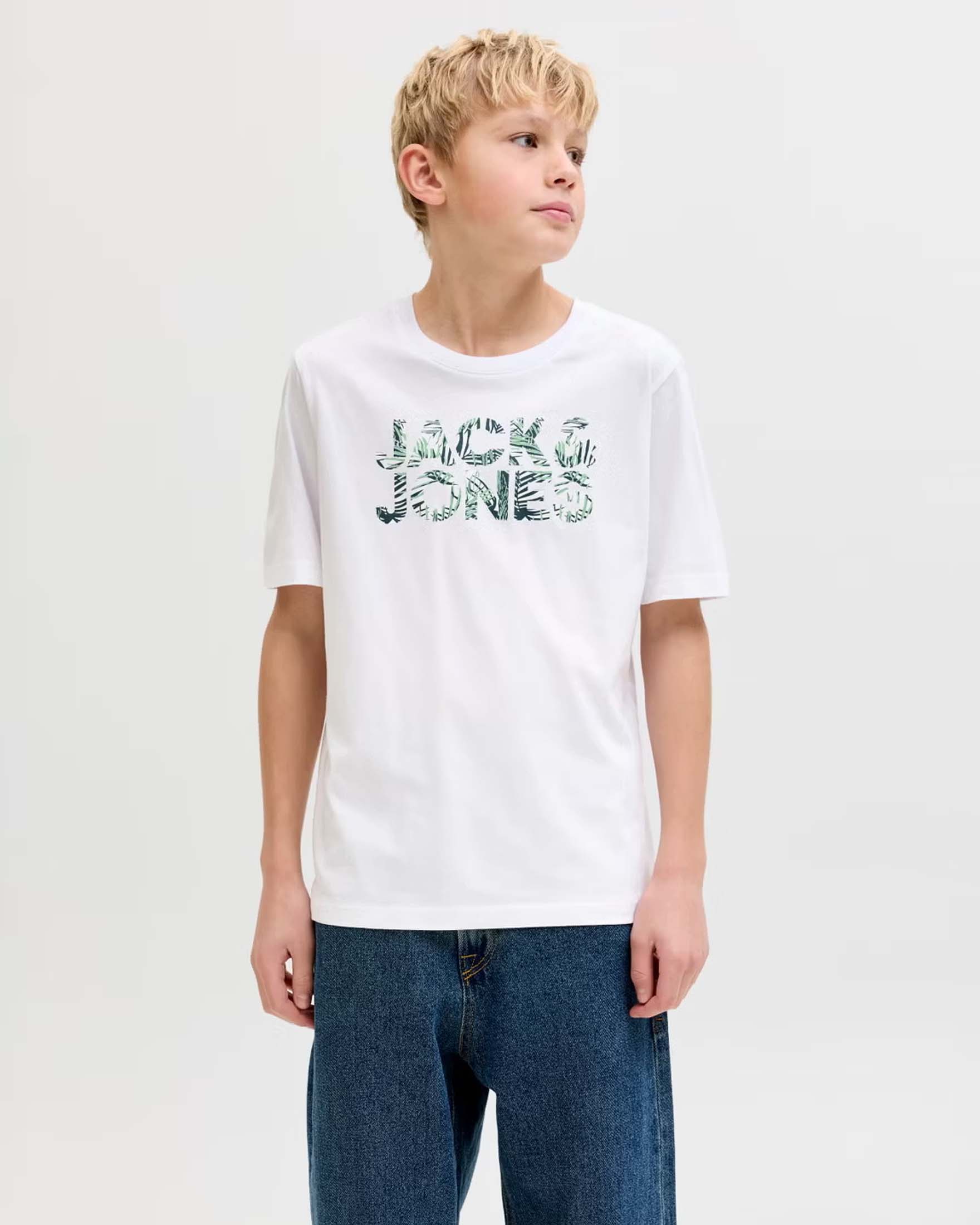T-shirt bianca in puro cotone con scritta logo tropicale