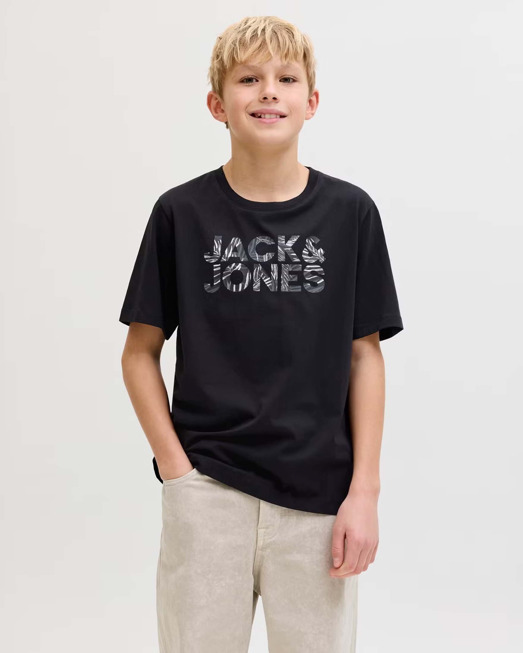 T-shirt nera in puro cotone con scritta logo tropicale