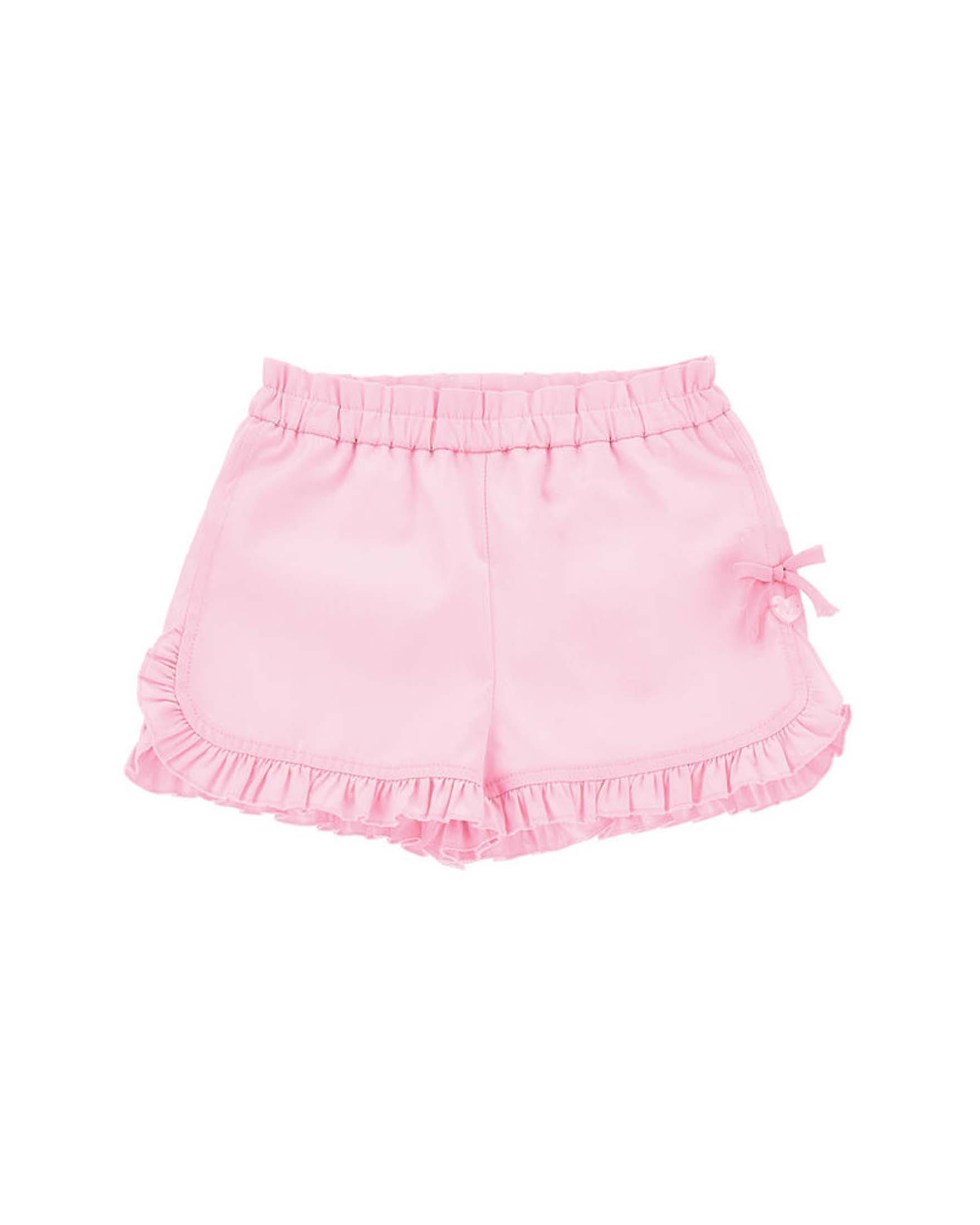 Short rosa in misto cotone stretch con rouches e fiocco