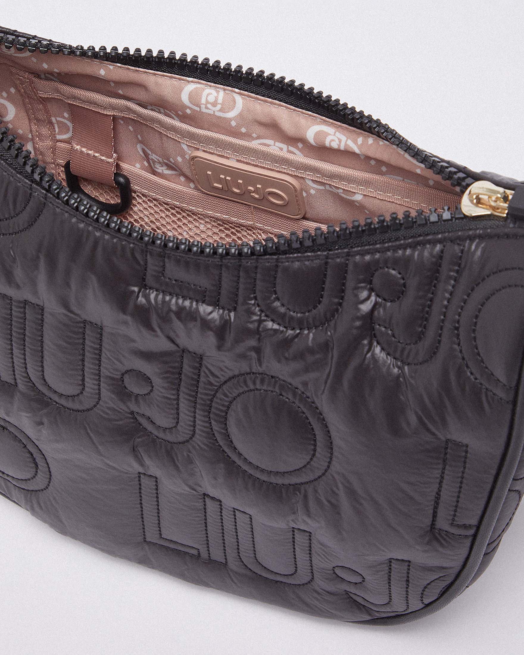 Borsa hobo Liu Jo Sport nera in nylon opaco con logo ricamato all over image