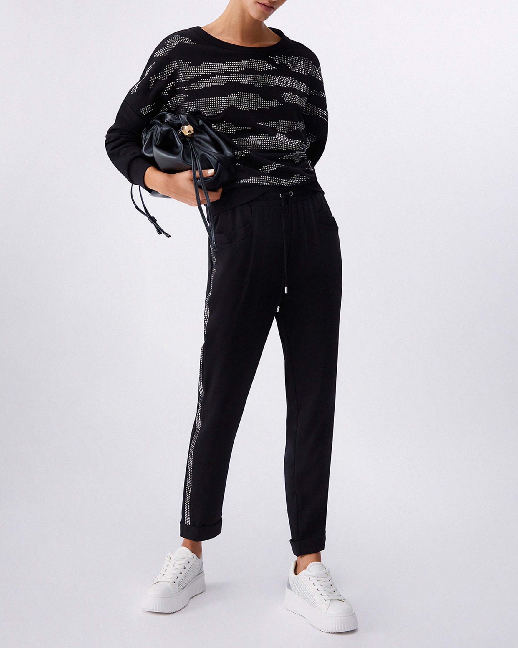 Felpa girocollo Liu Jo Sport nera cropped in misto cotone con strass effetto zebrato