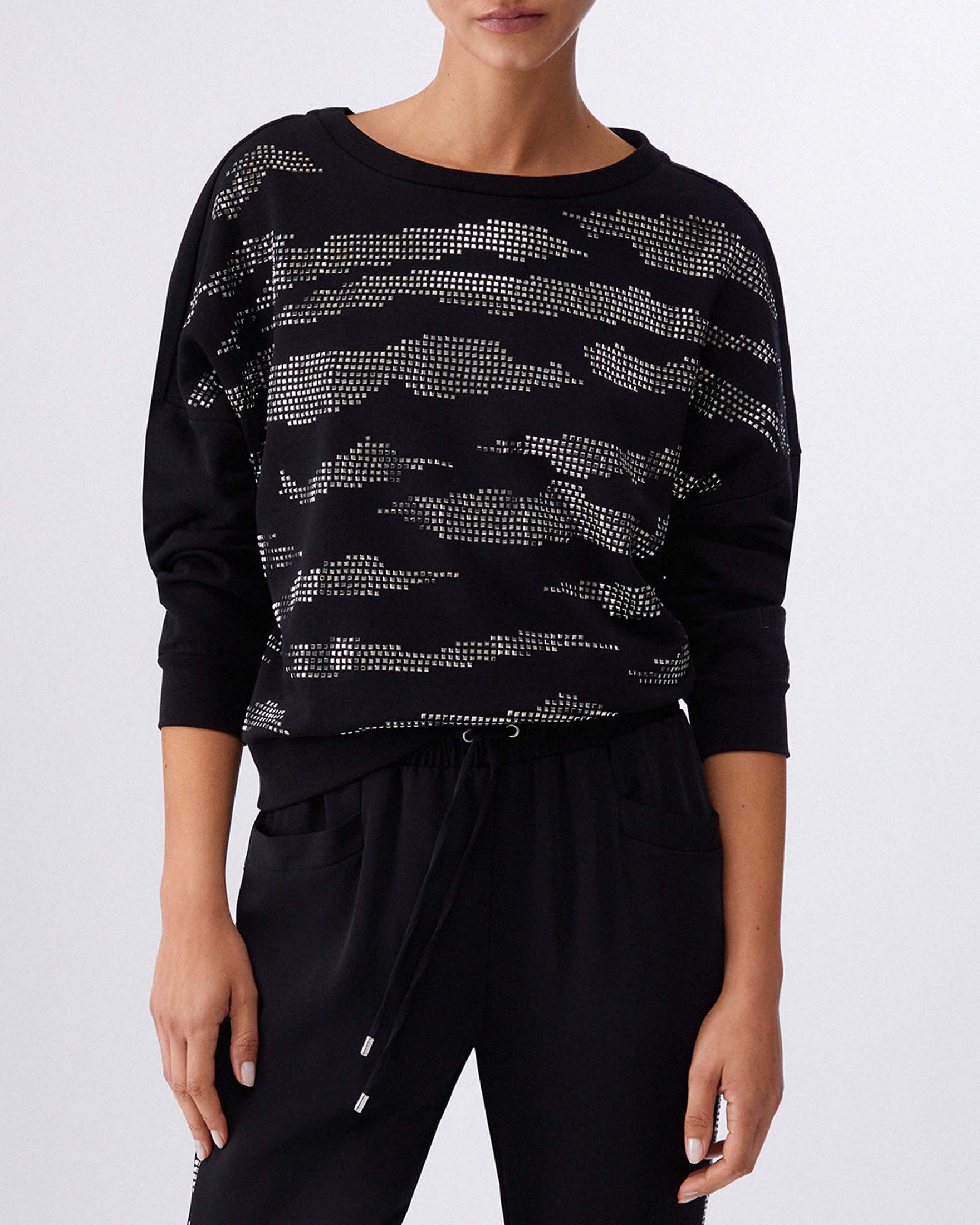 Felpa girocollo Liu Jo Sport nera cropped in misto cotone con strass effetto zebrato image