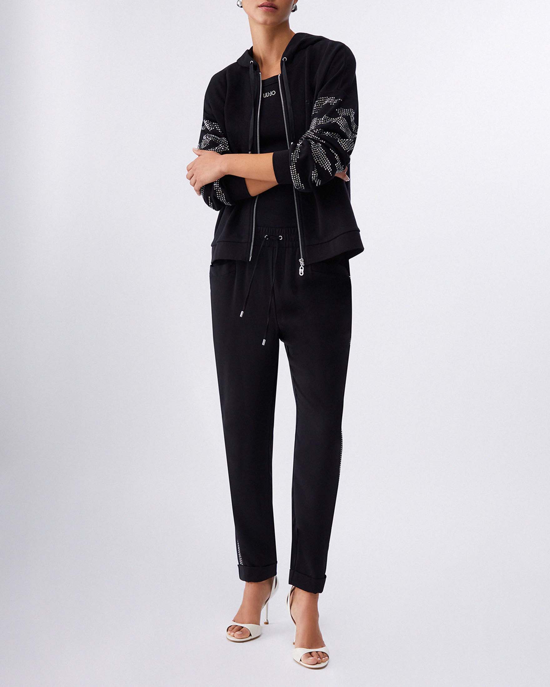 Felpa con cappuccio Liu Jo Sport nera in misto cotone con strass effetto zebrato