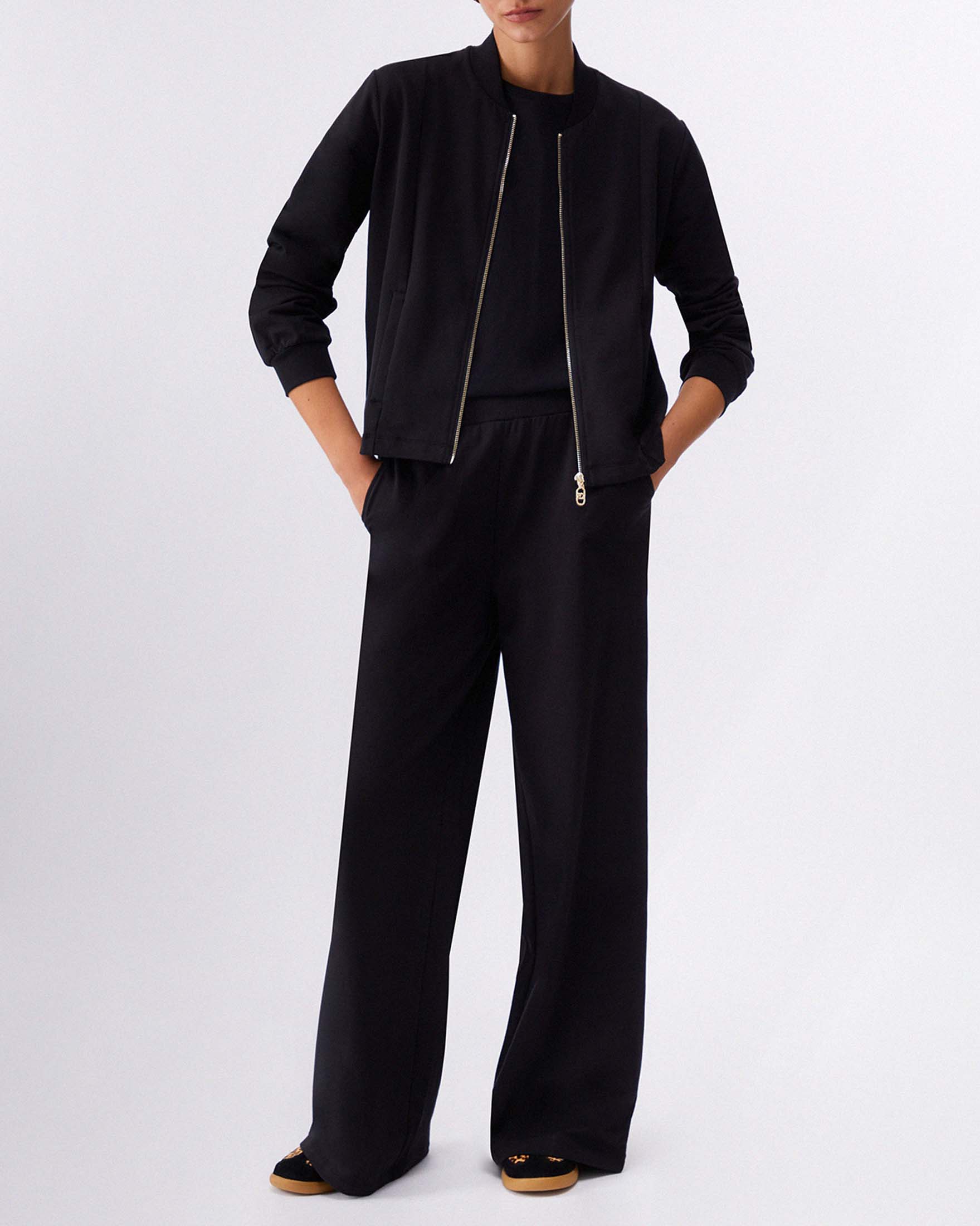 Completo felpa con zip e pantaloni flare Liu Jo Sport nero in jersey di cotone con logo strass