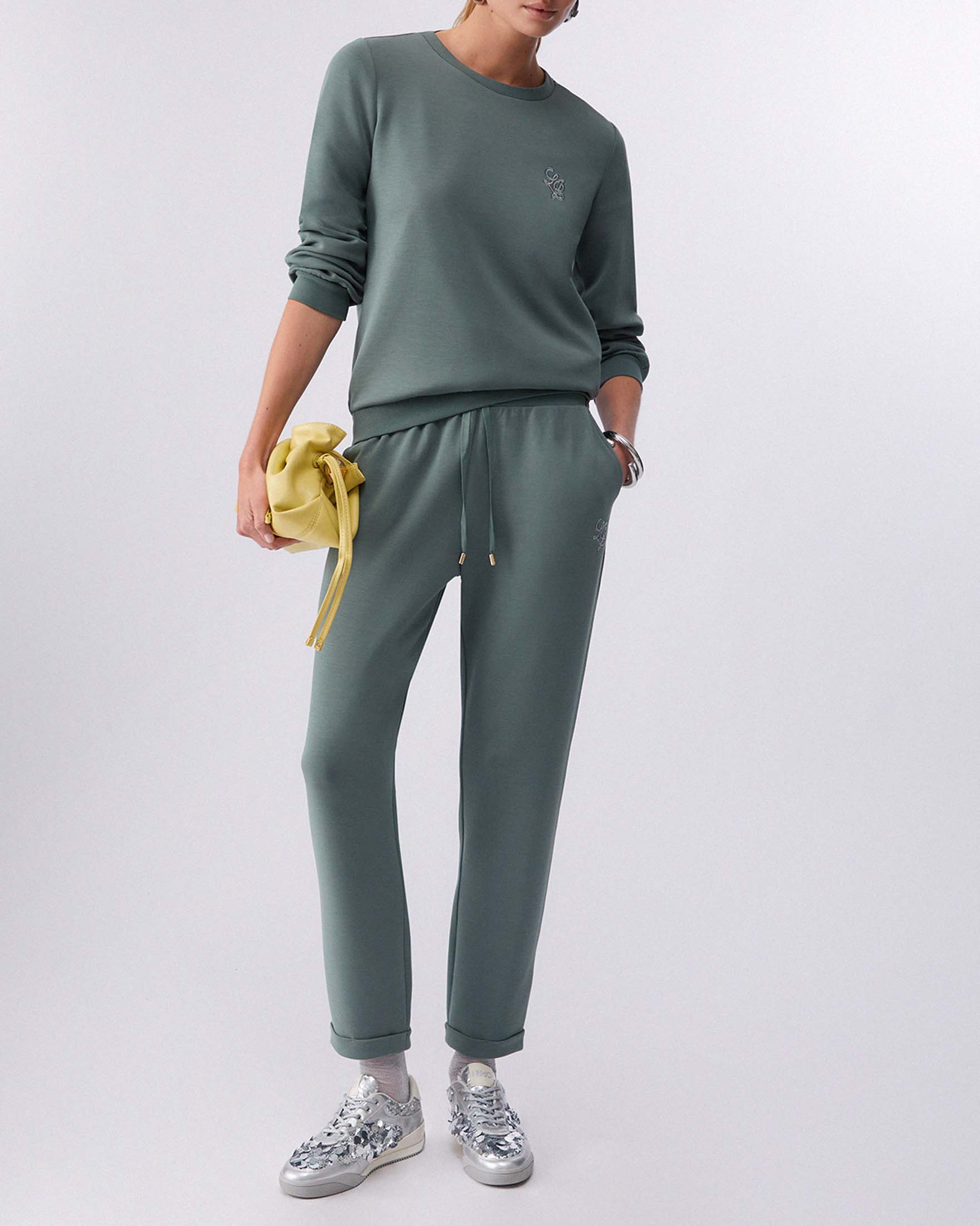 Felpa girocollo Liu Jo Sport color salvia in neoprene con logo ricamato