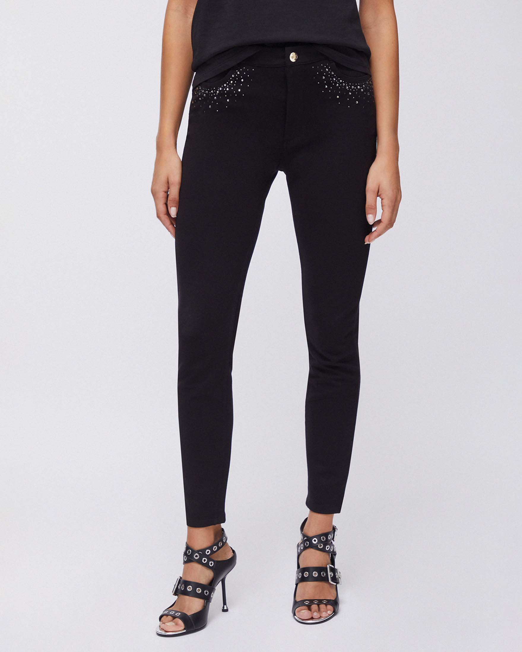 Pantaloni skinny Liu Jo Sport neri in misto viscosa con strass applicati sul davanti image