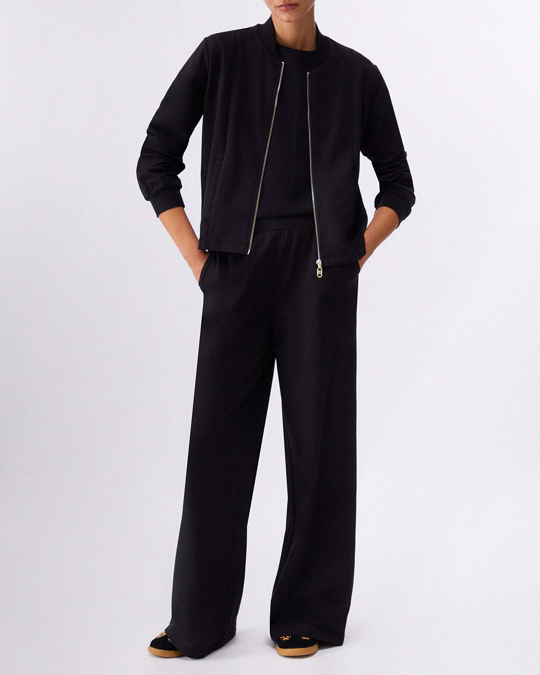 Pantaloni a palazzo Liu Jo Sport neri in felpa di cotone stretch con vita elastica e tasche