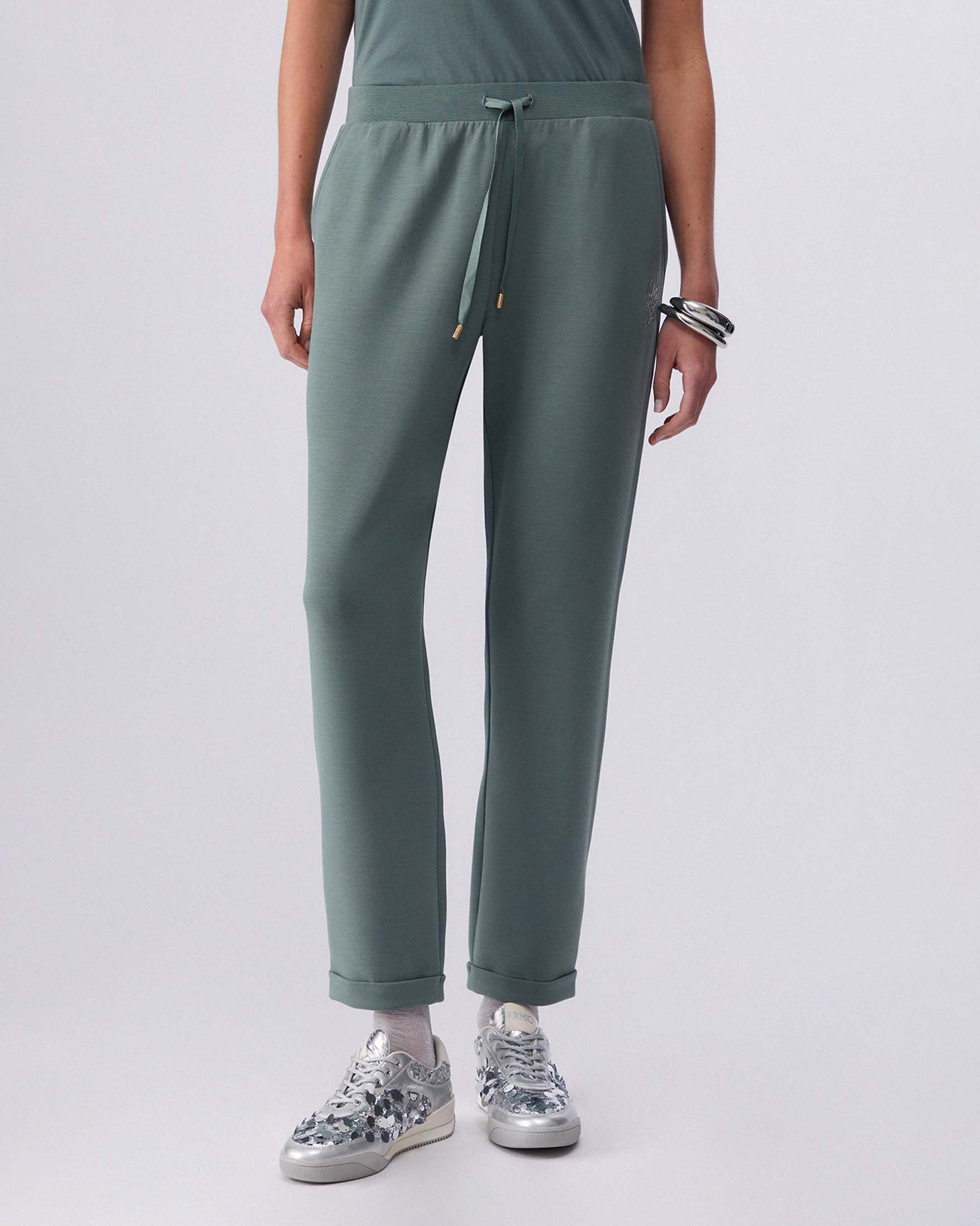 Pantaloni joggers Liu Jo Sport color salvia in scuba con logo ricamato e risvolto image