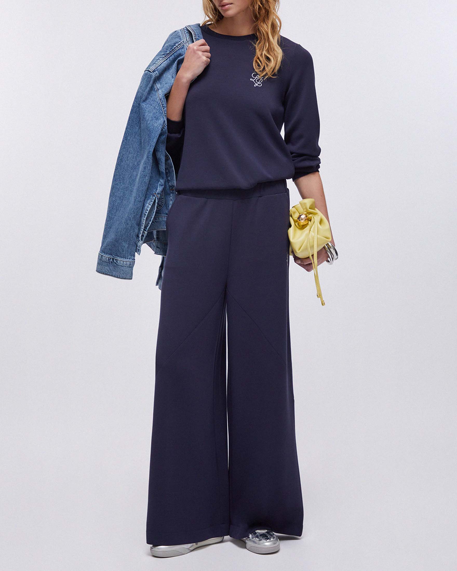 Pantaloni a palazzo Liu Jo Sport blu in scuba di misto modal con logo ricamato e tasche laterali