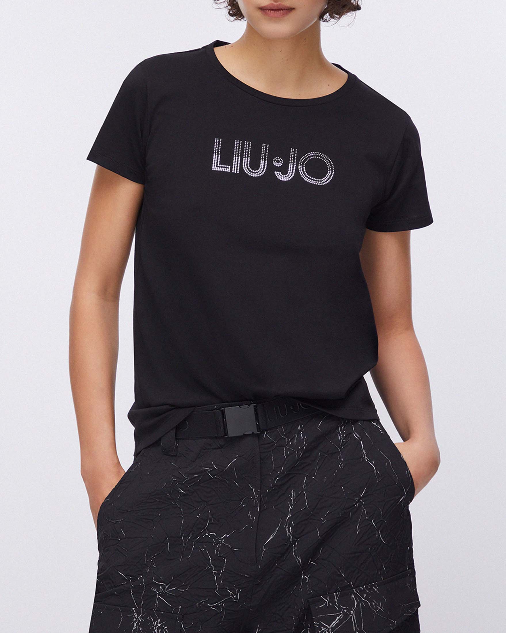 T-shirt maniche corte Liu Jo Sport nera con maxi logo in strass e scollo a giro image