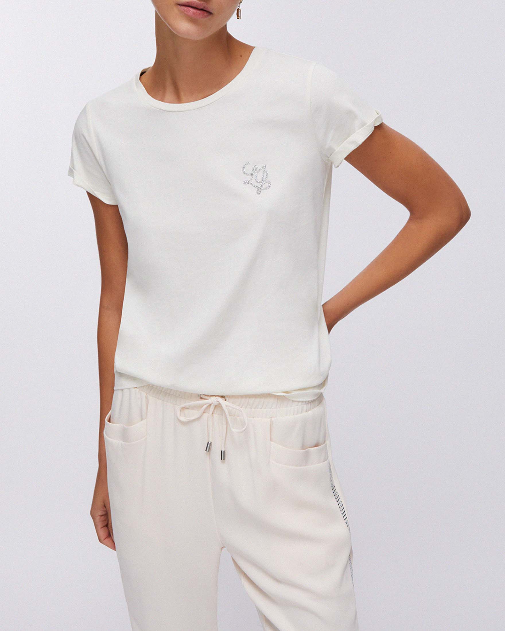 T-shirt girocollo a maniche corte Liu Jo Sport bianca con logo in strass sul davanti image