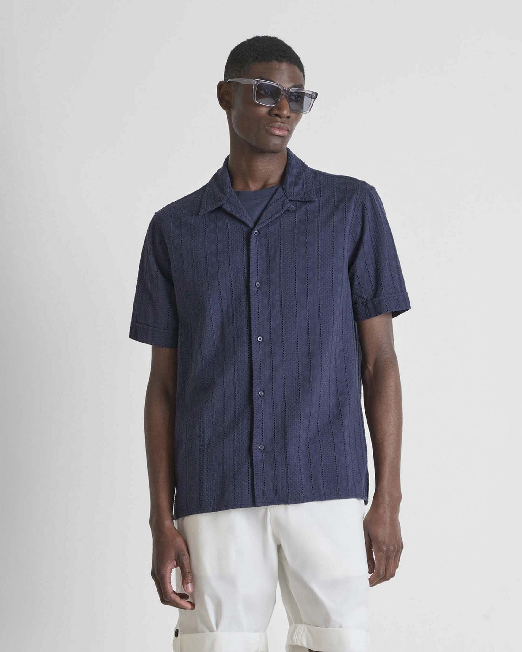 Camicia mezza manica Antony Morato blu in cotone con colletto bowling