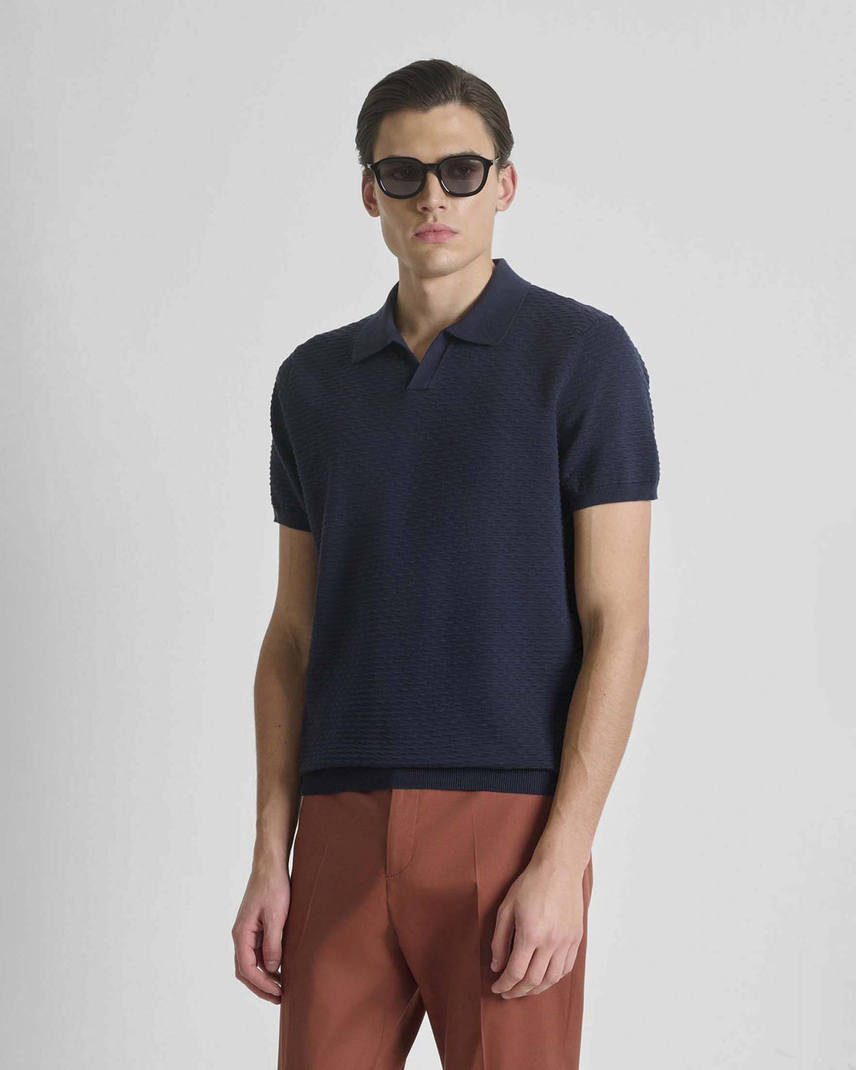 Polo Antony Morato blu in cotone lavorato con colletto bowling