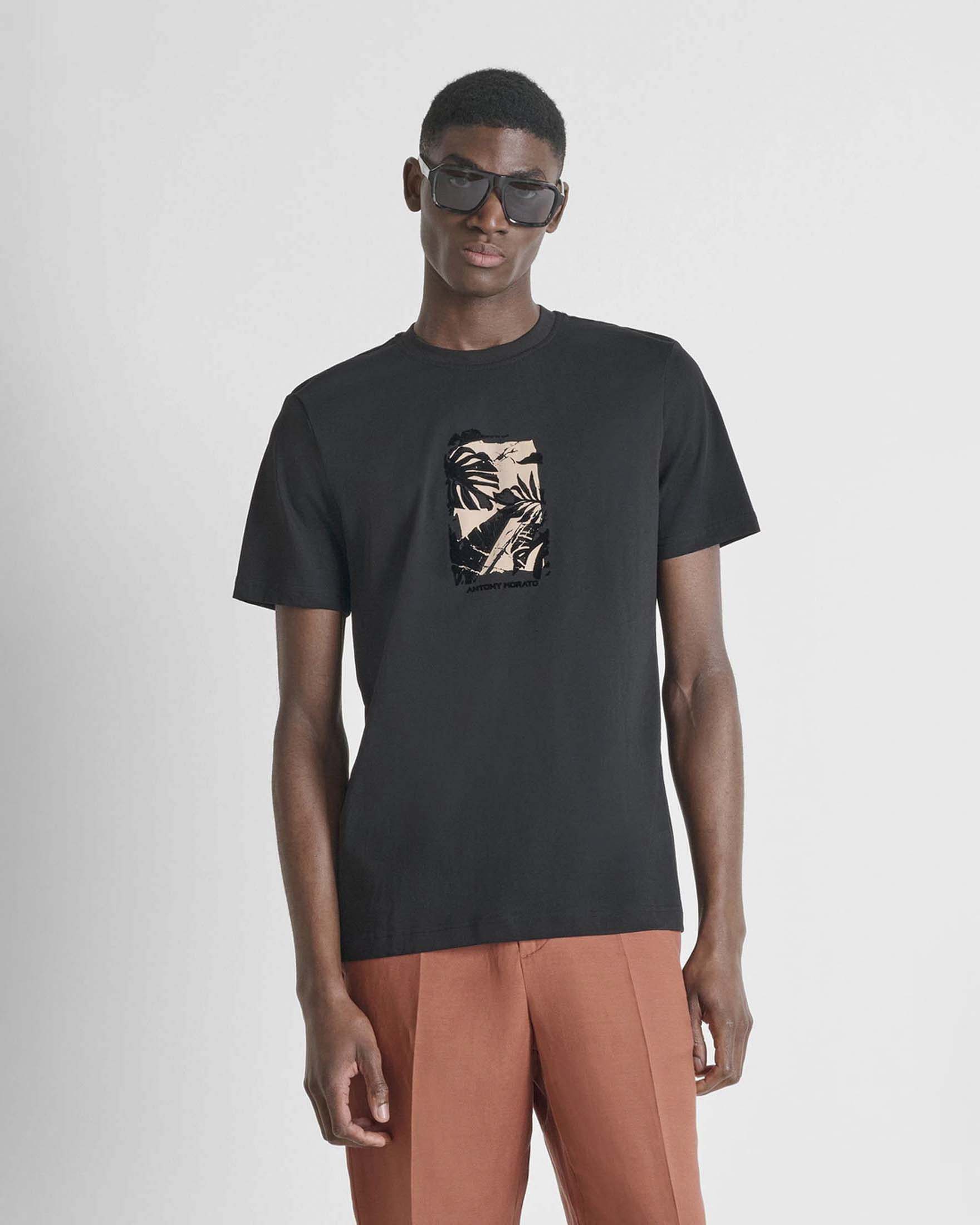 T-shirt Antony Morato nera in cotone con stampa a palme