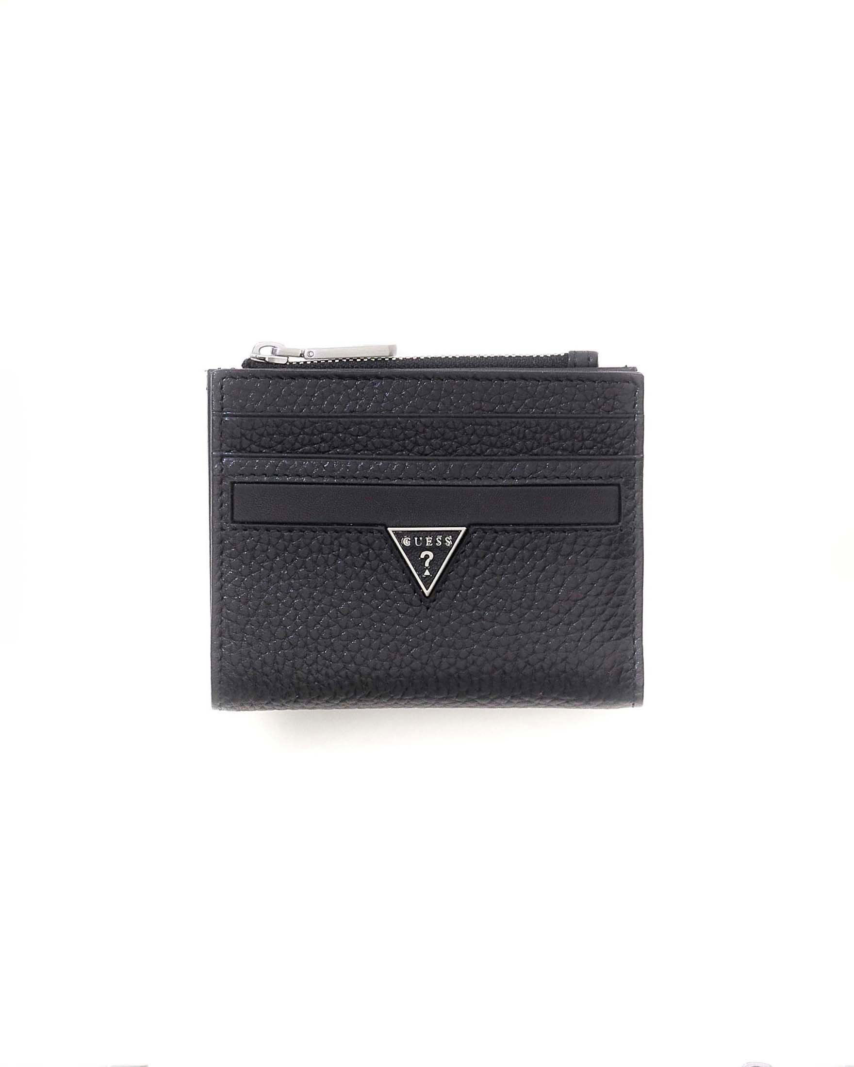 Portafoglio nero in pelle martellata con logo a triangolo e zip