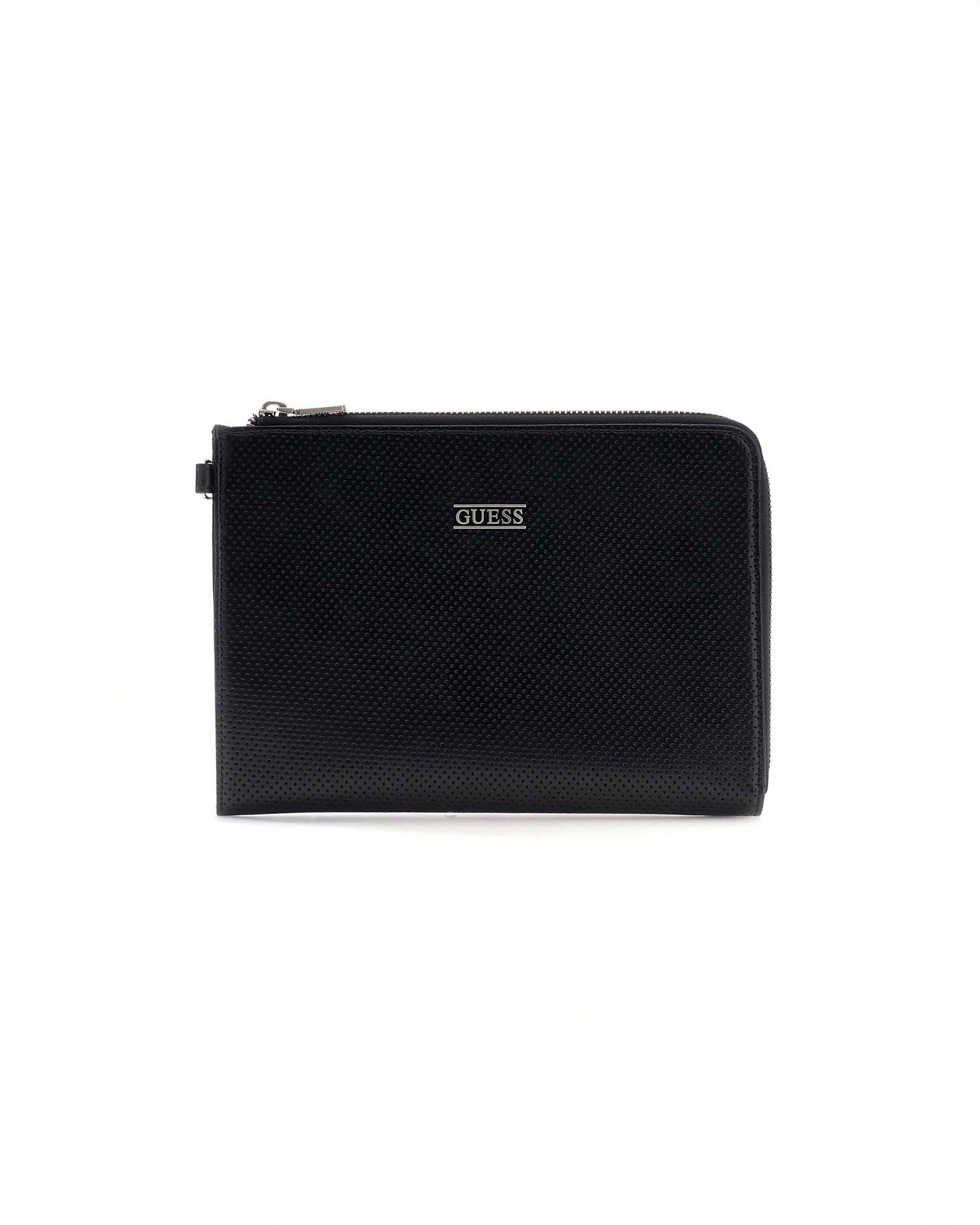 Pochette nera in similpelle traforata con logo metallico