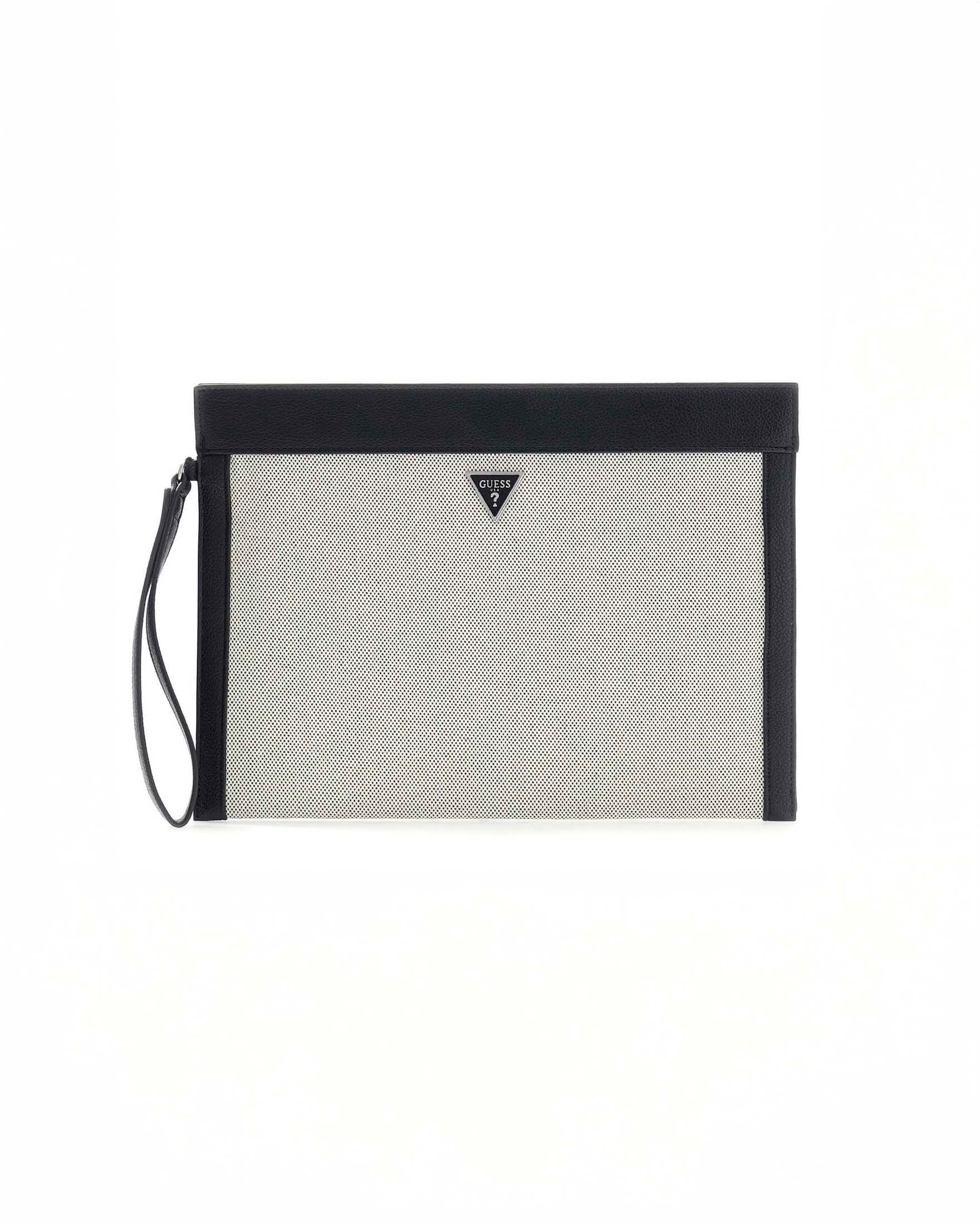 Pochette bianca e nera traforata con logo in metallo