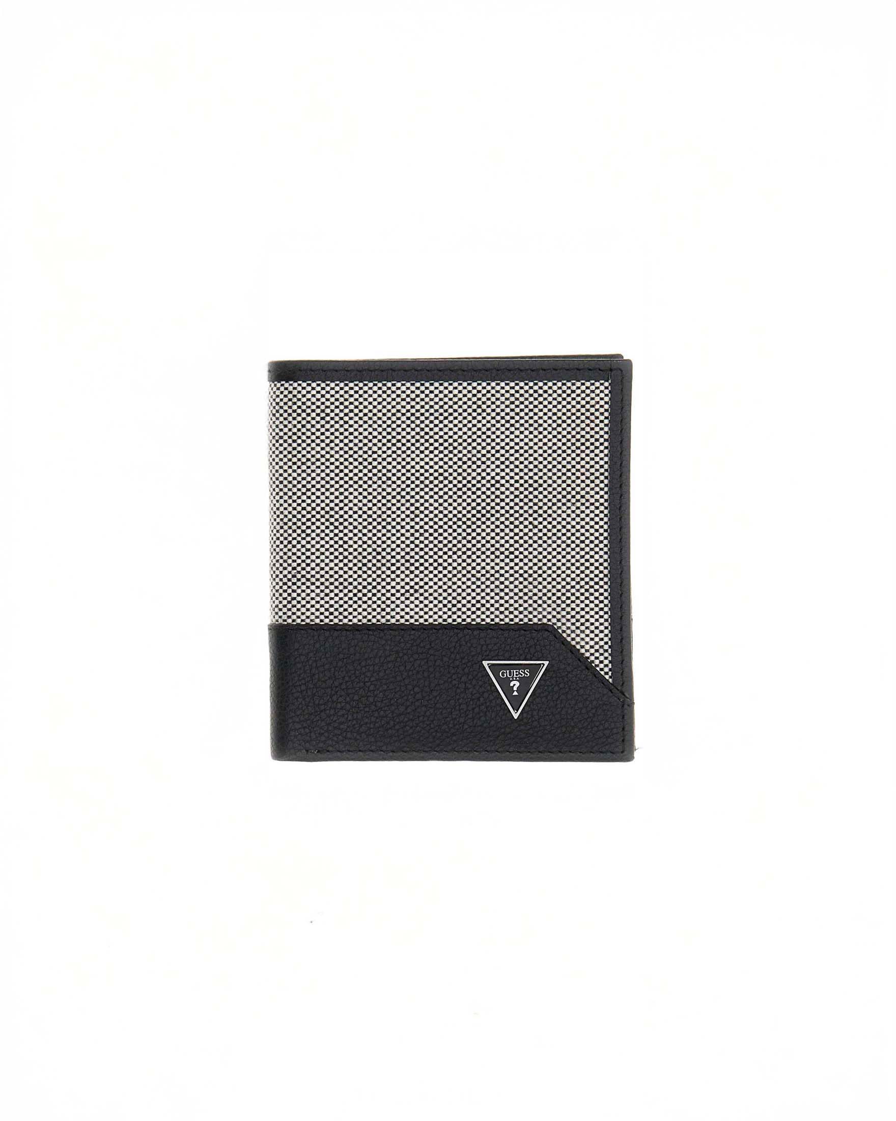 Portafoglio nero in misto pelle con inserto in tessuto e logo metallico