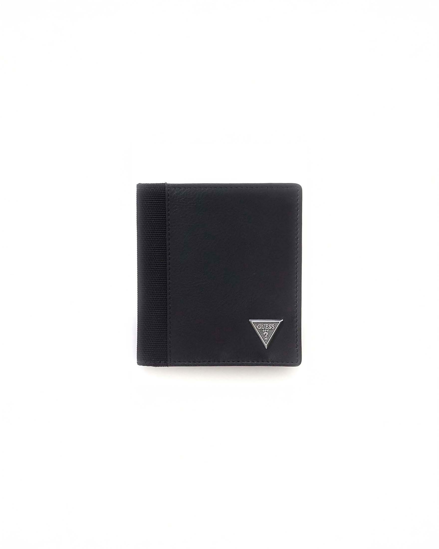 Portafoglio nero in pelle con logo a triangolo in metallo