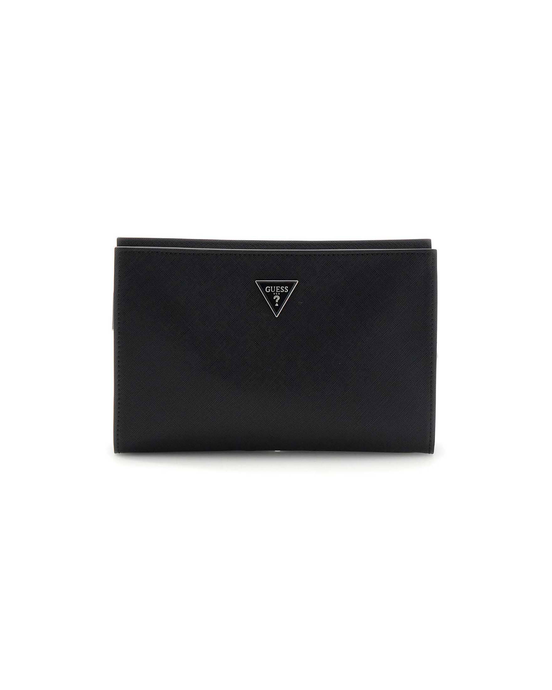 Pochette Guess nera in pelle con placca logo