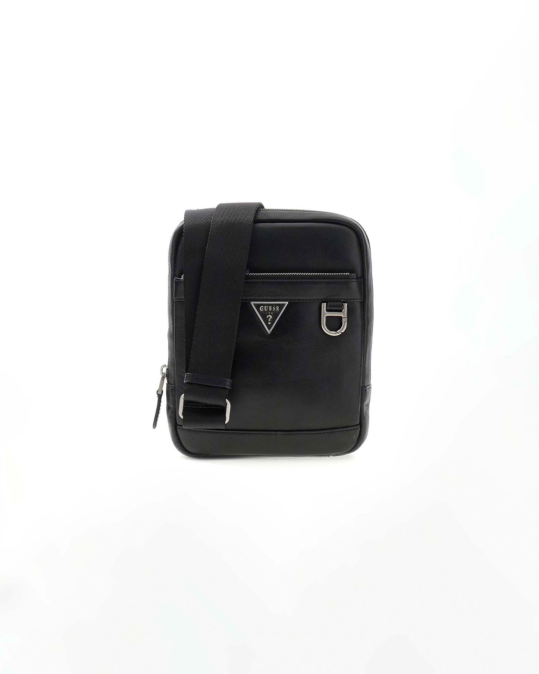 Borsa a tracolla Guess nera in pelle con logo a triangolo