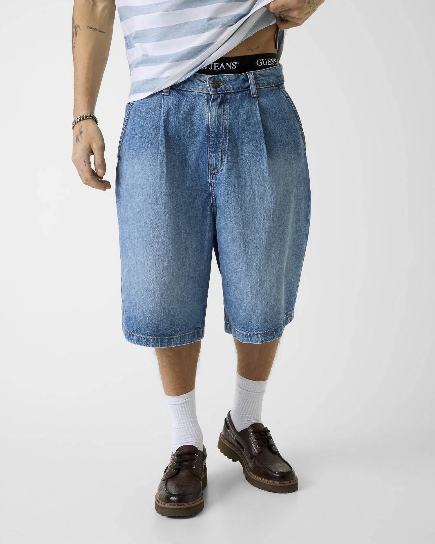 Bermuda baggy-fit in denim Jeans lavaggio chiaro in cotone elasticizzato