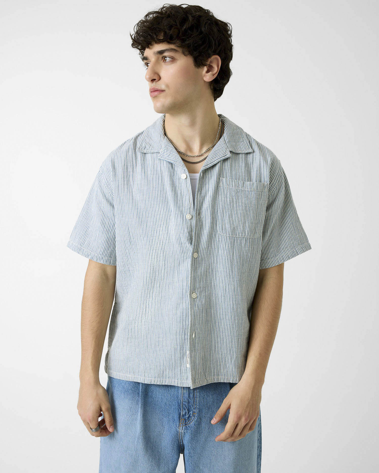 Camicia mezza manica Jeans azzurra e bianca a righe in misto cotone e lino