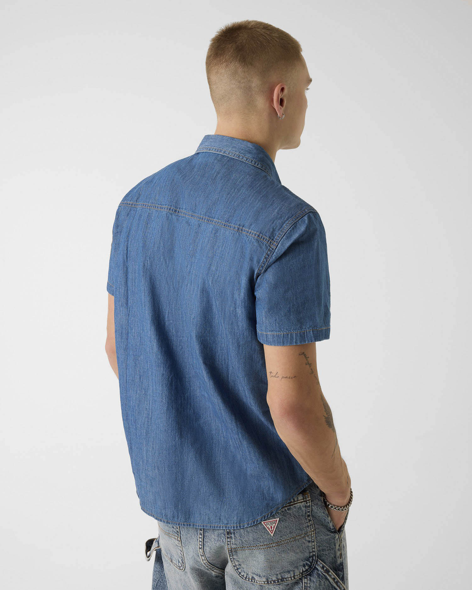 Camicia a maniche corte Guess Jeans blu lavaggio medio in denim di cotone image
