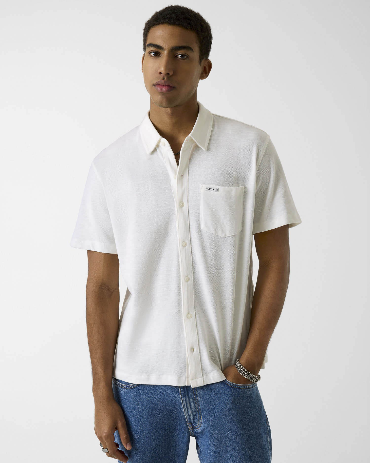 Camicia mezza manica Jeans bianca in piquet di cotone con taschino