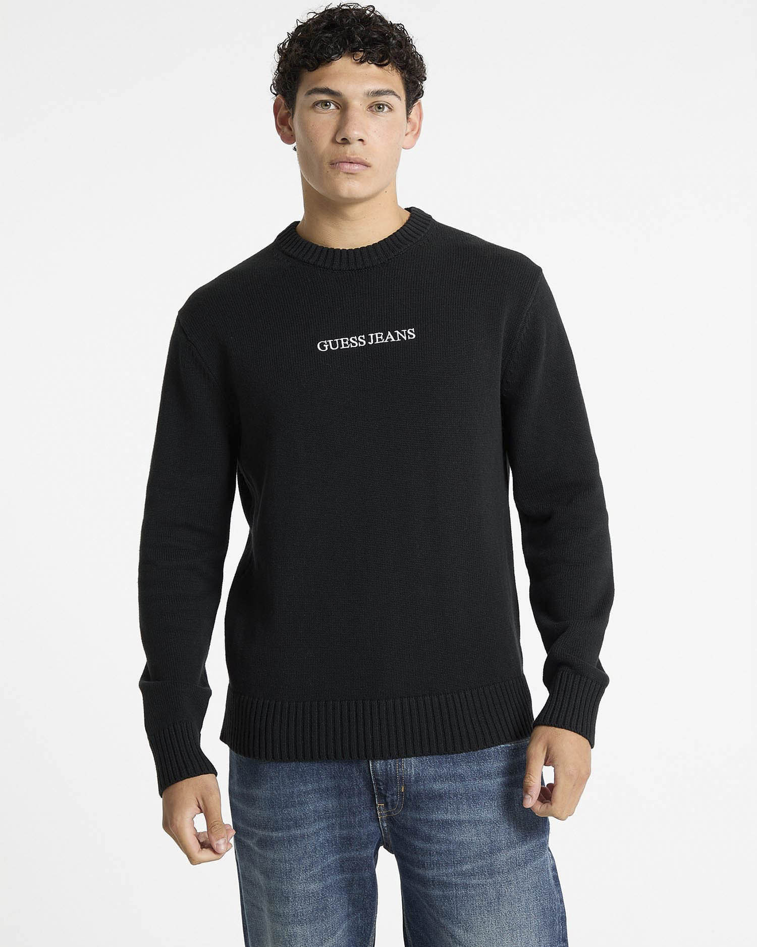 Maglia girocollo Jeans nera in cotone con logo ricamato