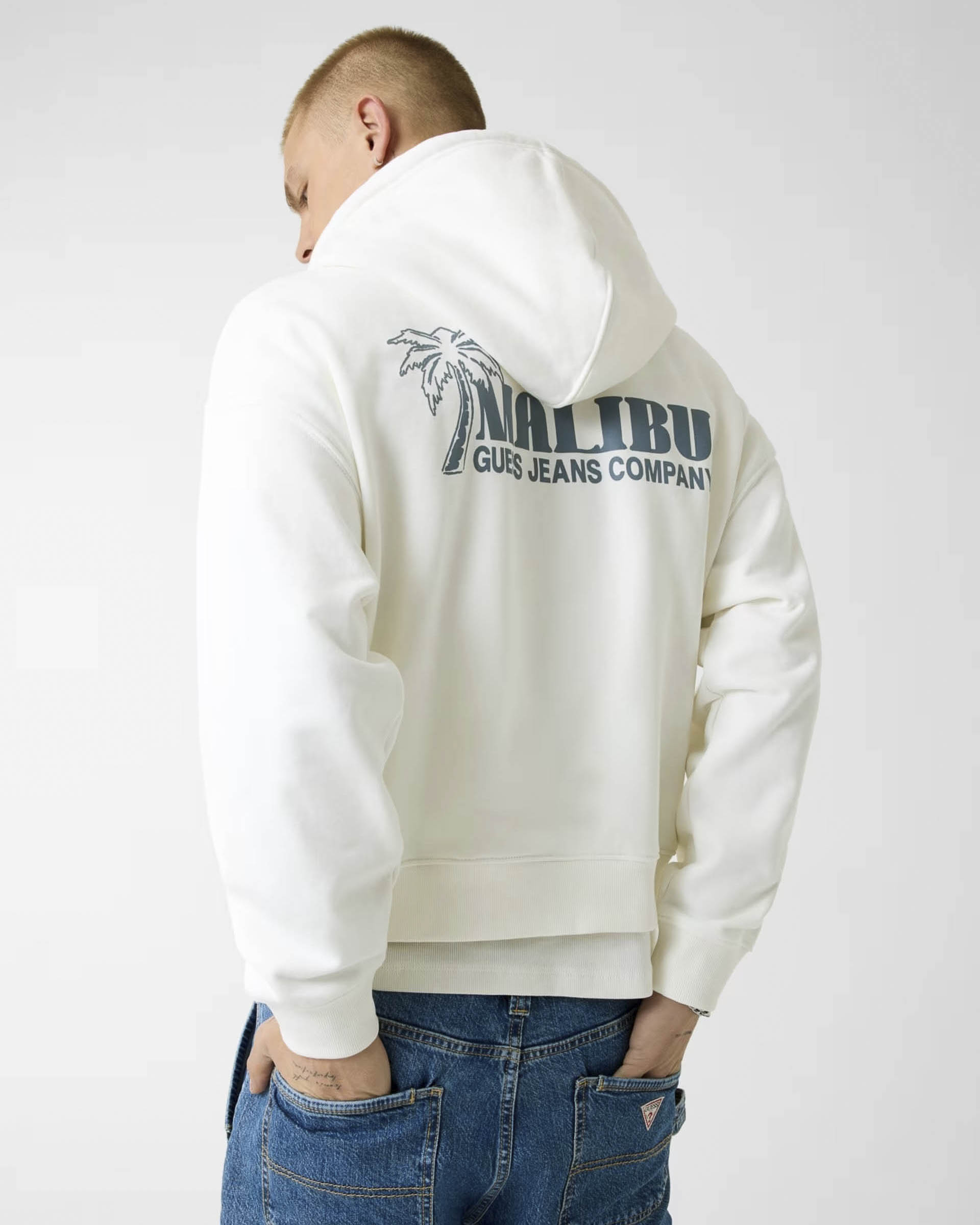 Felpa con cappuccio e zip Guess Jeans bianca in cotone con stampa logo image
