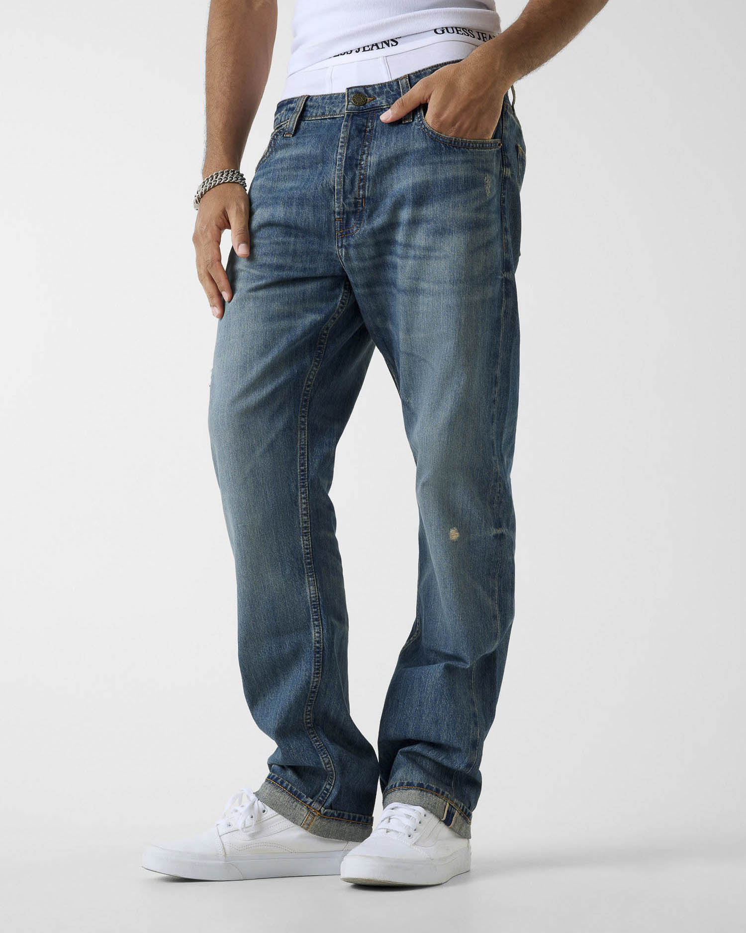 Guess Jeans lavaggio medio sabbiato in cotone con patch logo image