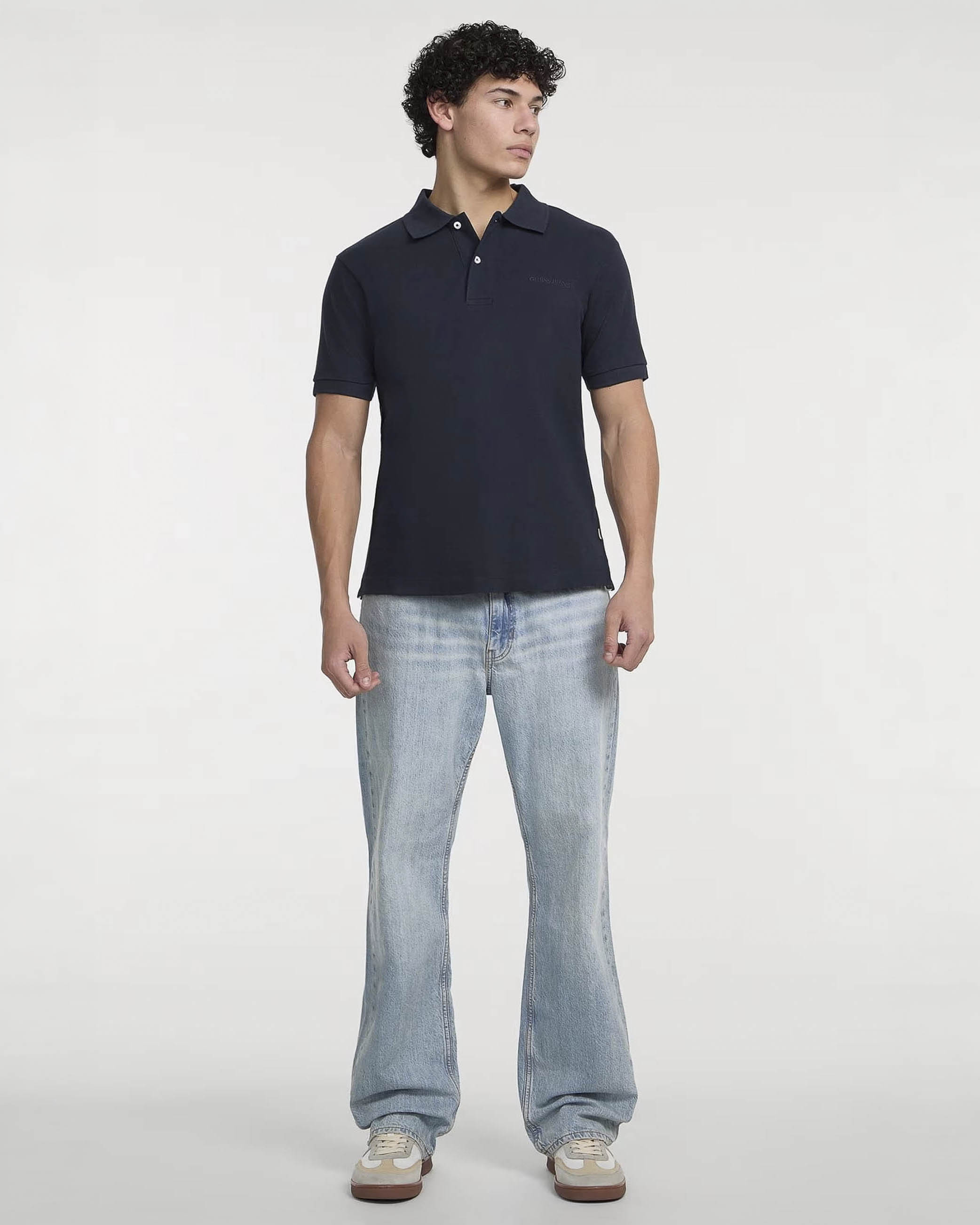 Polo mezza manica Jeans blu in cotone con logo ricamato