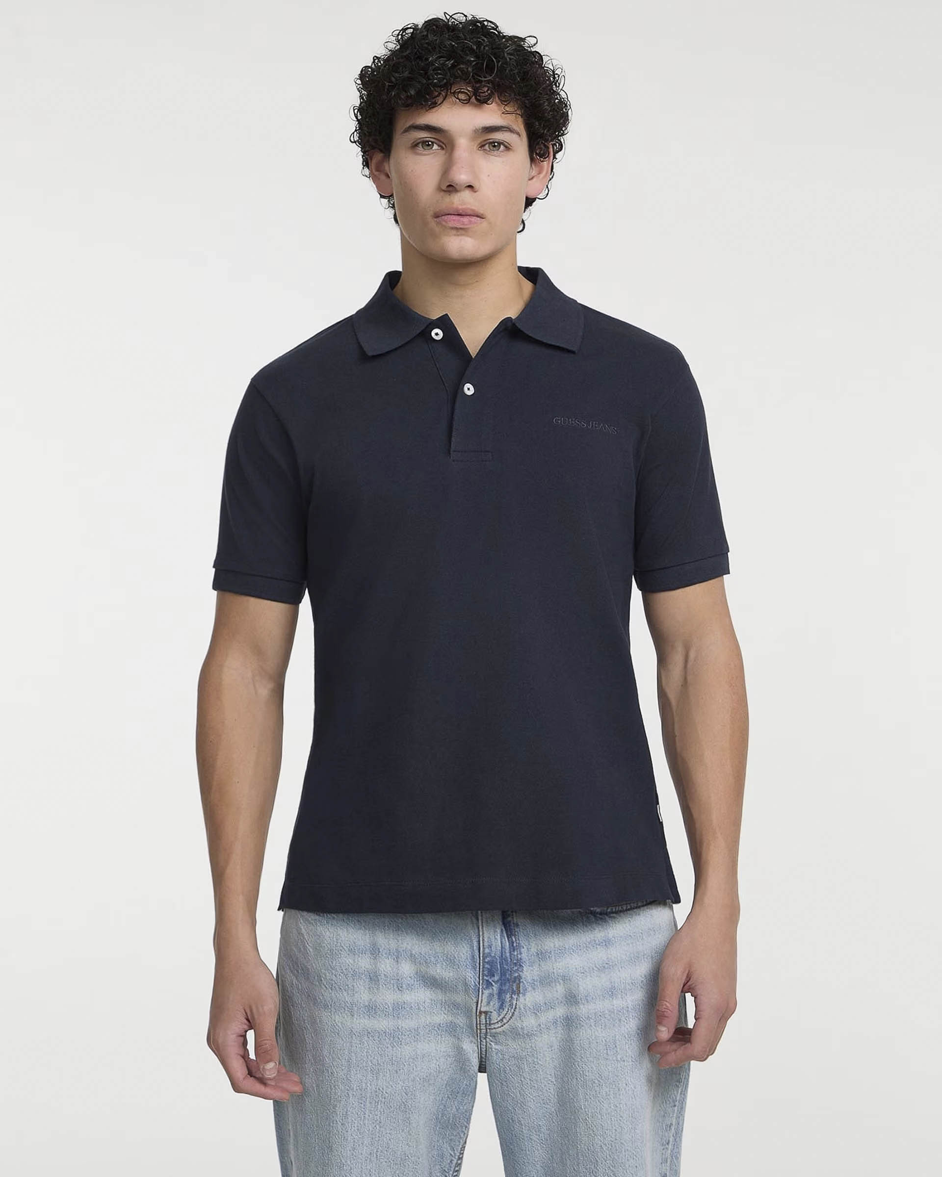 Polo mezza manica Guess Jeans blu in cotone con logo ricamato image
