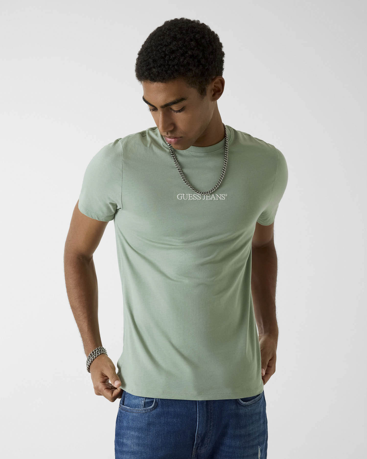 T-shirt Jeans verde salvia in cotone con logo centrale ricamato