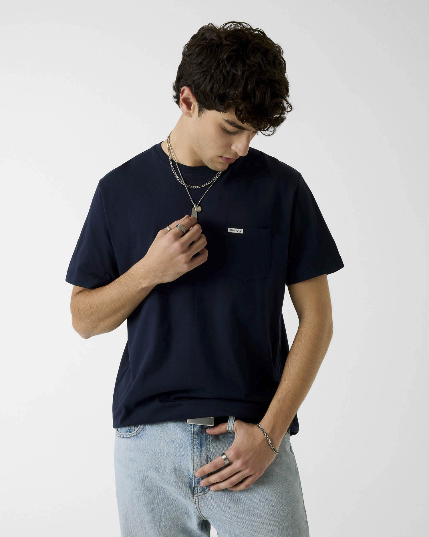 T-shirt mezza manica Jeans blu in cotone con taschino e logo