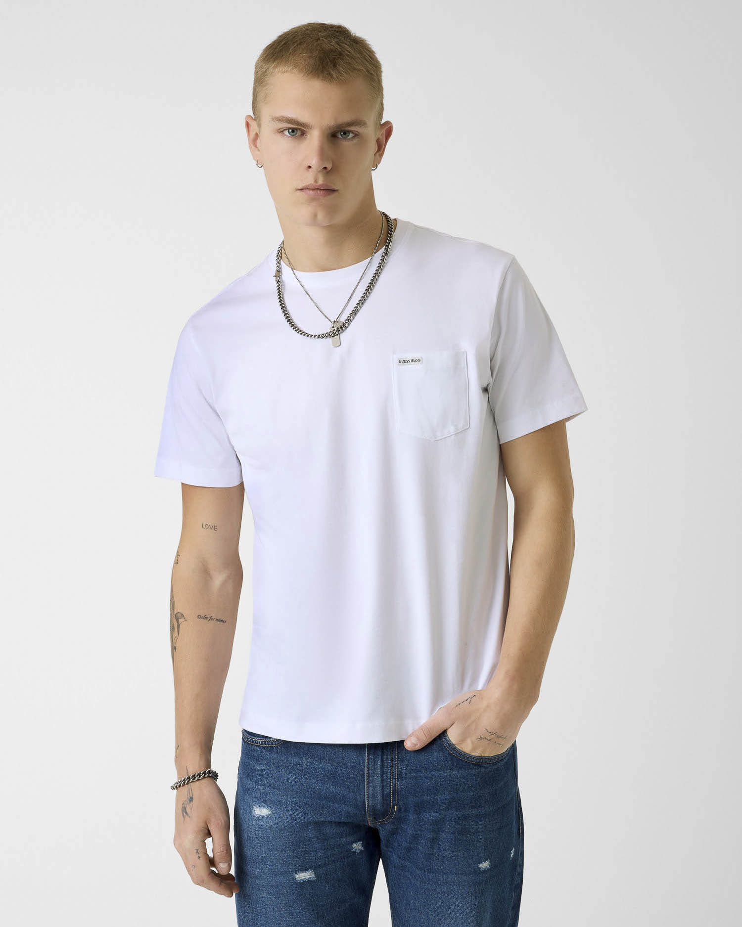 T-shirt mezza manica Jeans bianca in cotone con taschino e logo