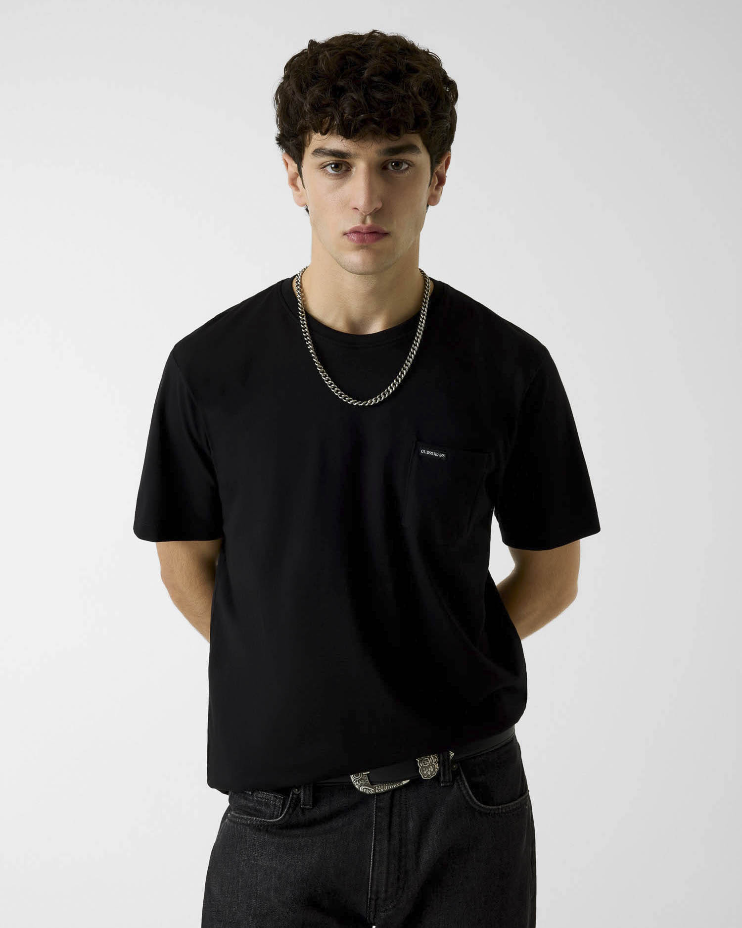 T-shirt mezza manica Jeans nera in cotone con taschino e logo